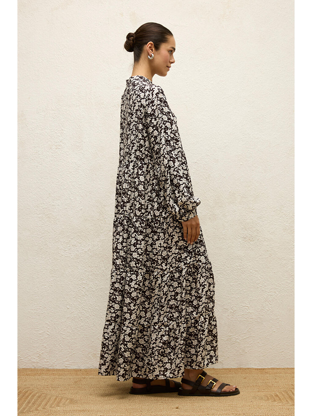 Kahverengi Desenli Katlı Viskon Elbise Poppy Acı Kahve-5