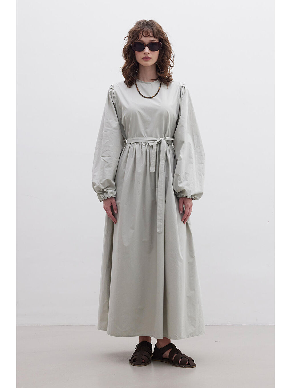 Büzgülü Premium Poplin Elbise Yeşil-1