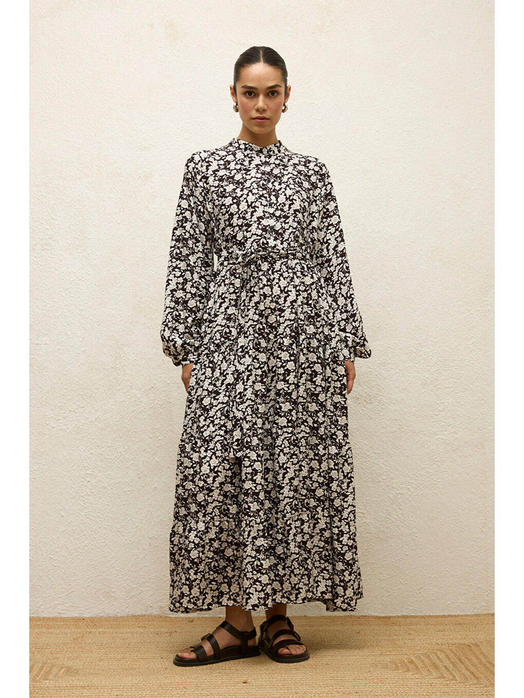 Kahverengi Desenli Katlı Viskon Elbise Poppy Acı Kahve-6