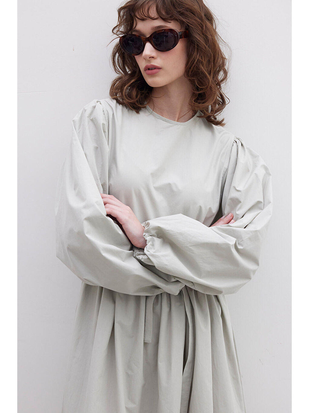 Büzgülü Premium Poplin Elbise Yeşil-2