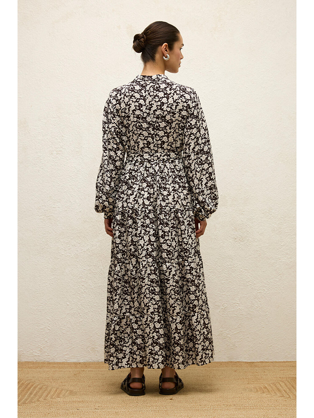 Kahverengi Desenli Katlı Viskon Elbise Poppy Acı Kahve-7