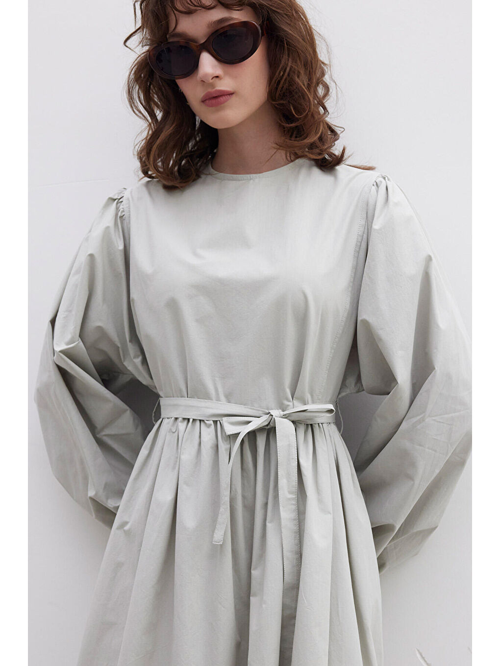 Büzgülü Premium Poplin Elbise Yeşil-4