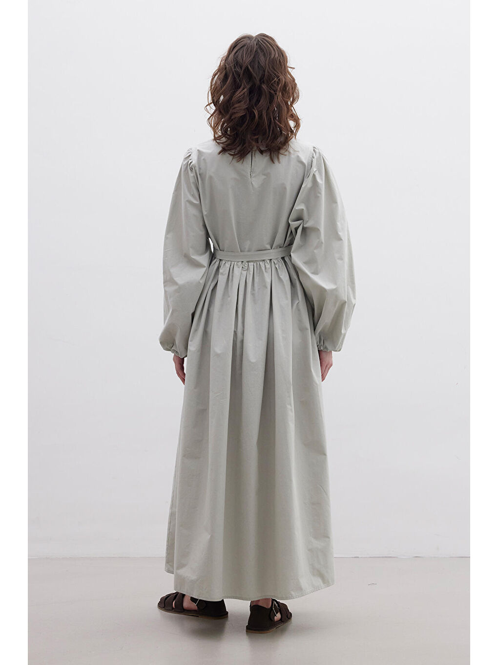 Büzgülü Premium Poplin Elbise Yeşil-5