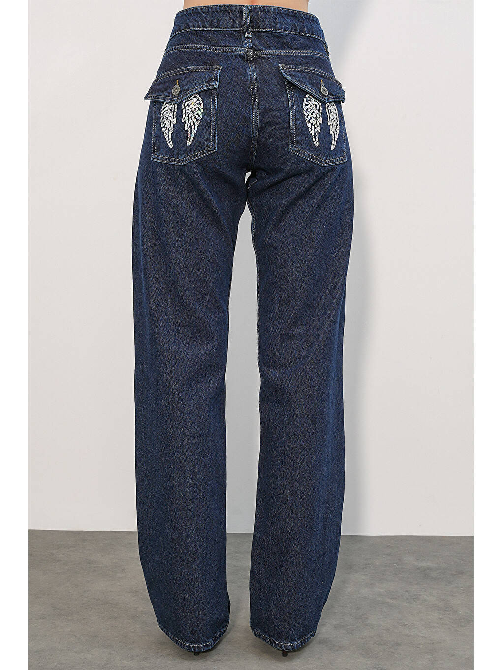Kadın Geniş Paça Pul Detaylı Jean Pantolon 30124 - Lacivert-6