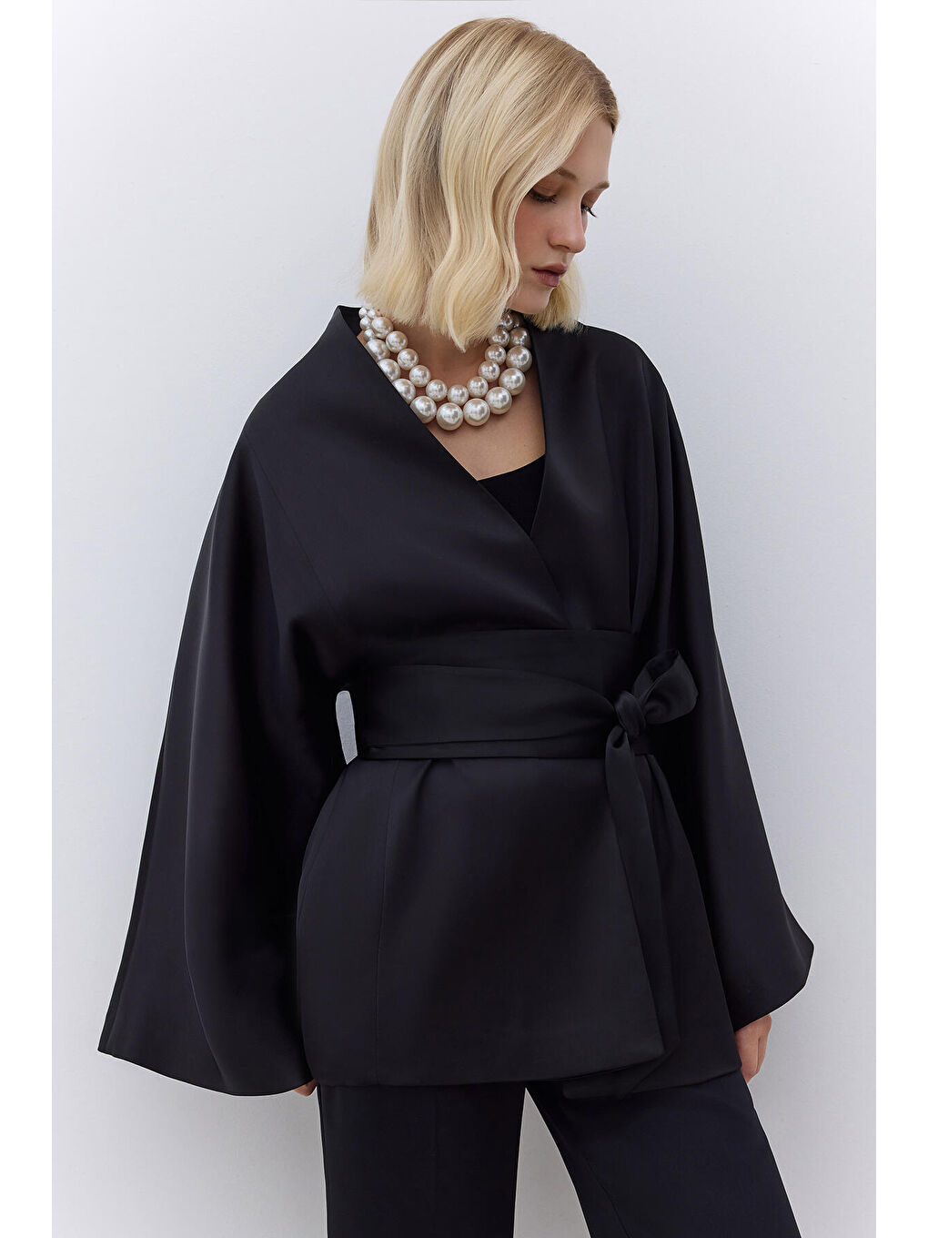 Saten Kemerli Kimono Siyah