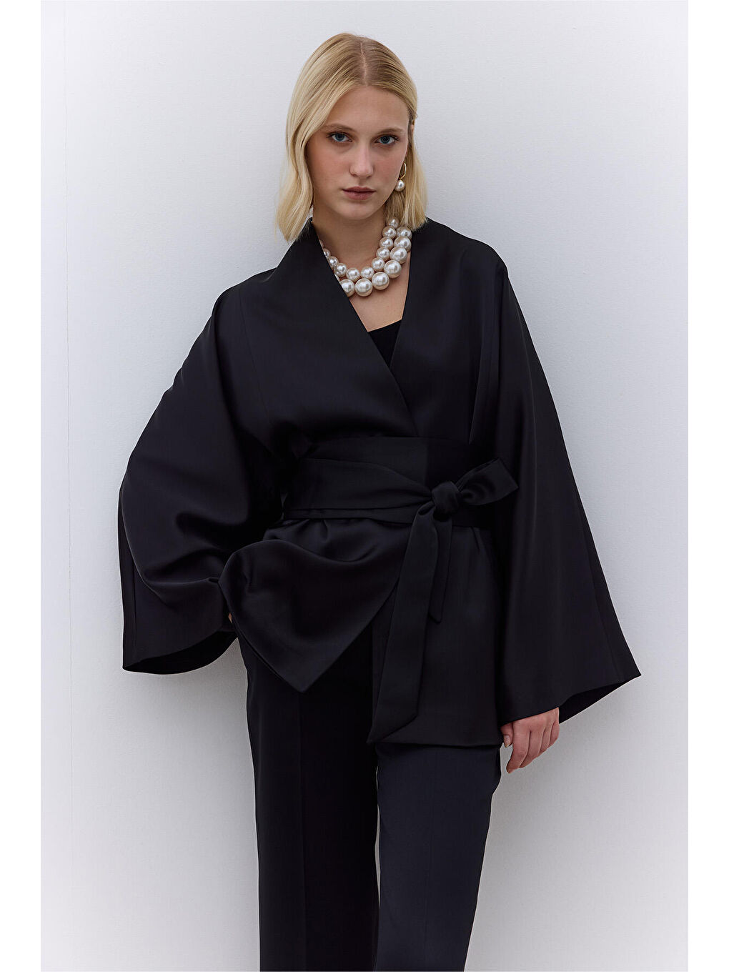 Saten Kemerli Kimono Siyah-1