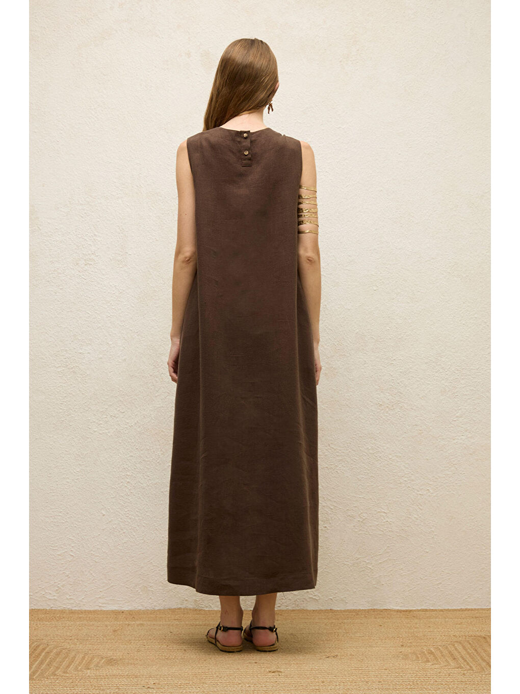 Kahverengi Kolsuz Keten Rahat Elbise Acı Kahve-7