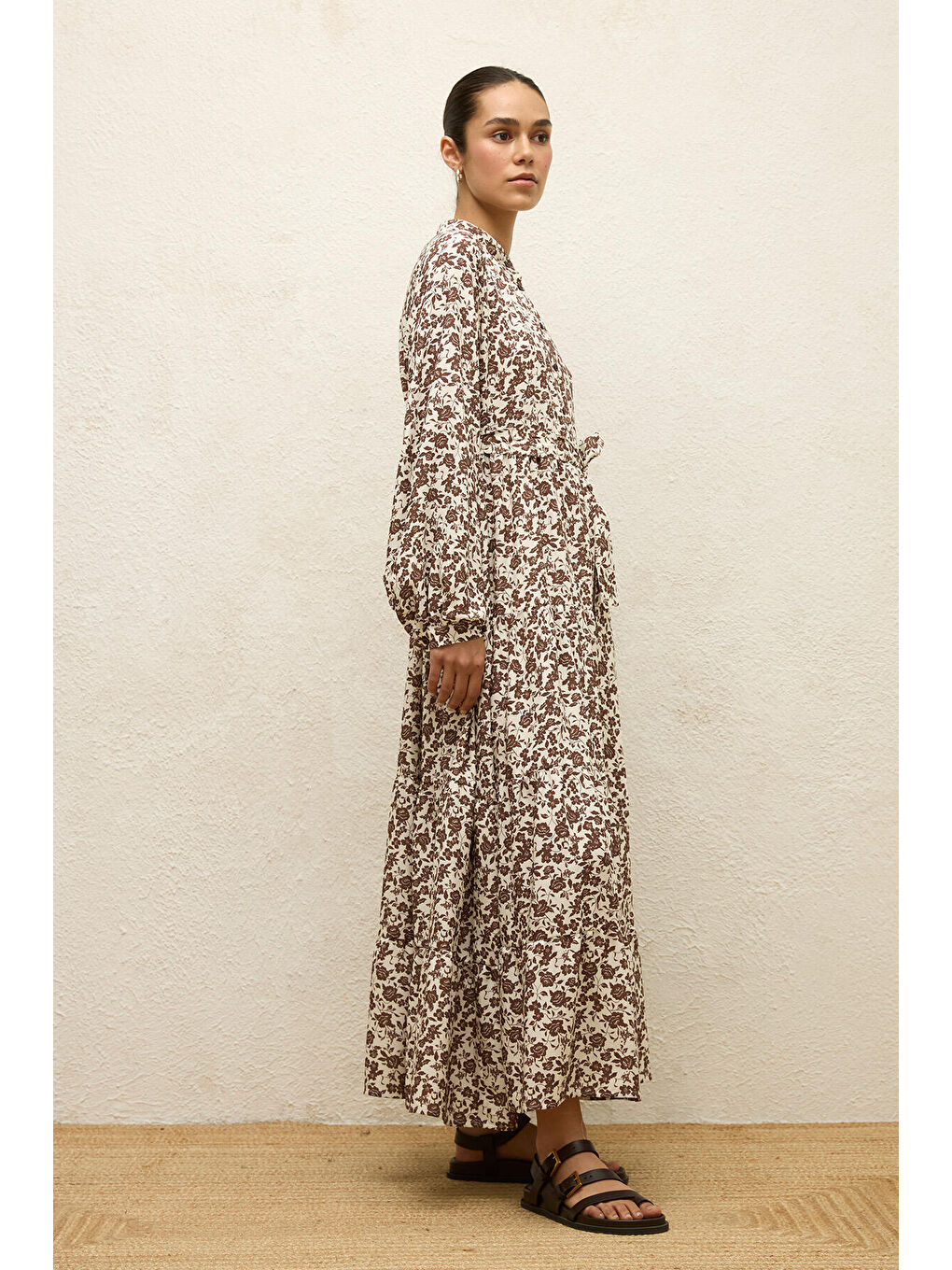 Kahverengi Desenli Katlı Viskon Elbise Poppy Tozlu Kahve-5