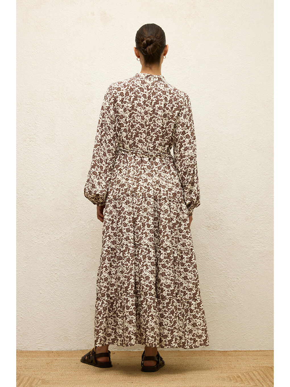Kahverengi Desenli Katlı Viskon Elbise Poppy Tozlu Kahve-7