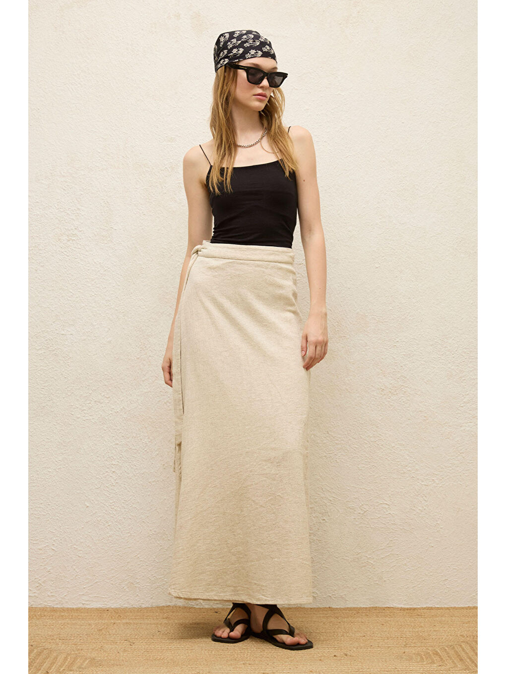Bej Pamuklu Bağlamalı Kruvaze Etek Natural-3