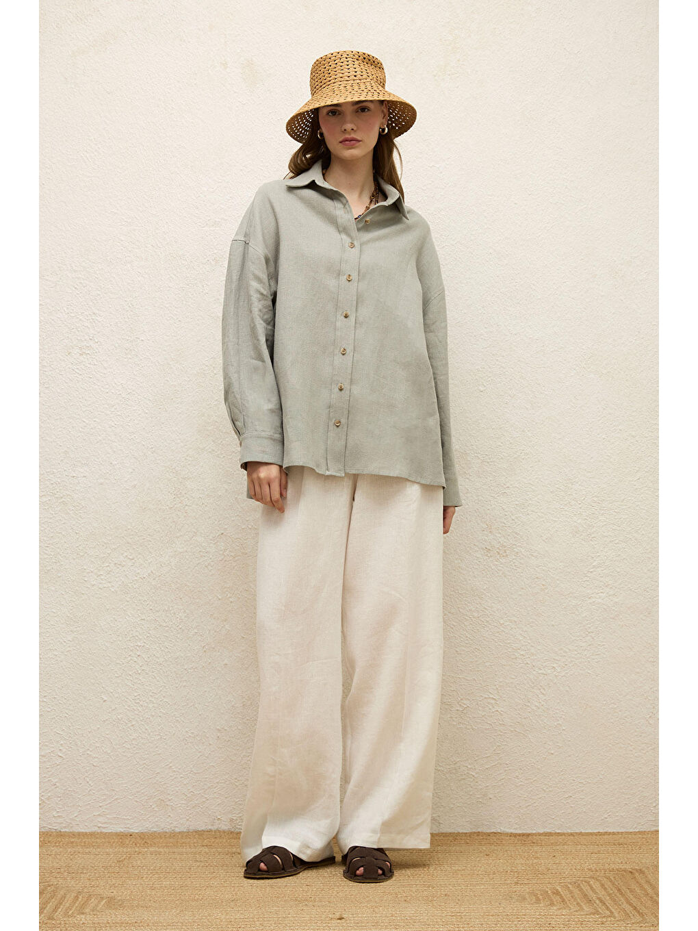 Yeşil Keten Oversize Düğmeli Gömlek