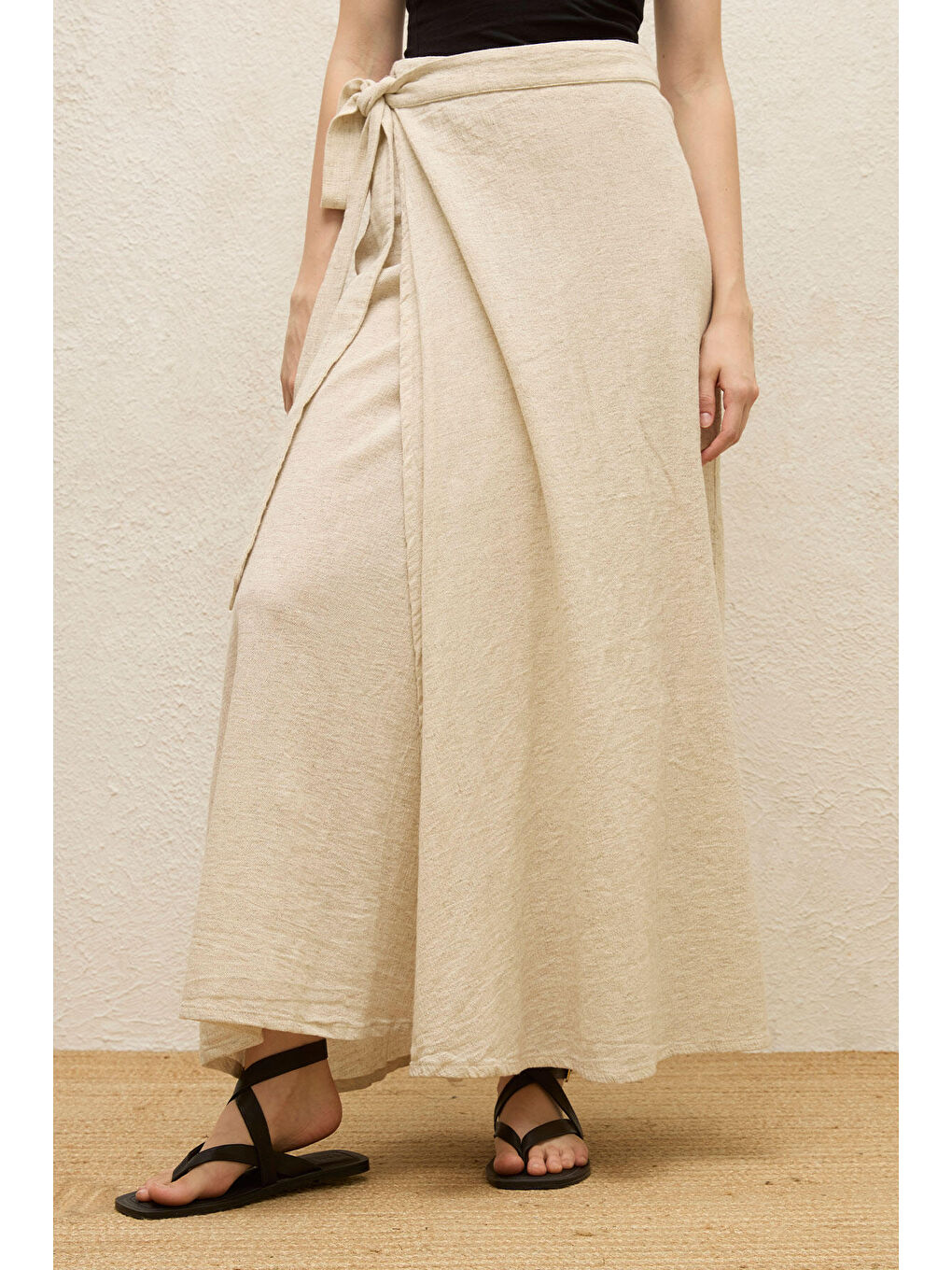Bej Pamuklu Bağlamalı Kruvaze Etek Natural-4