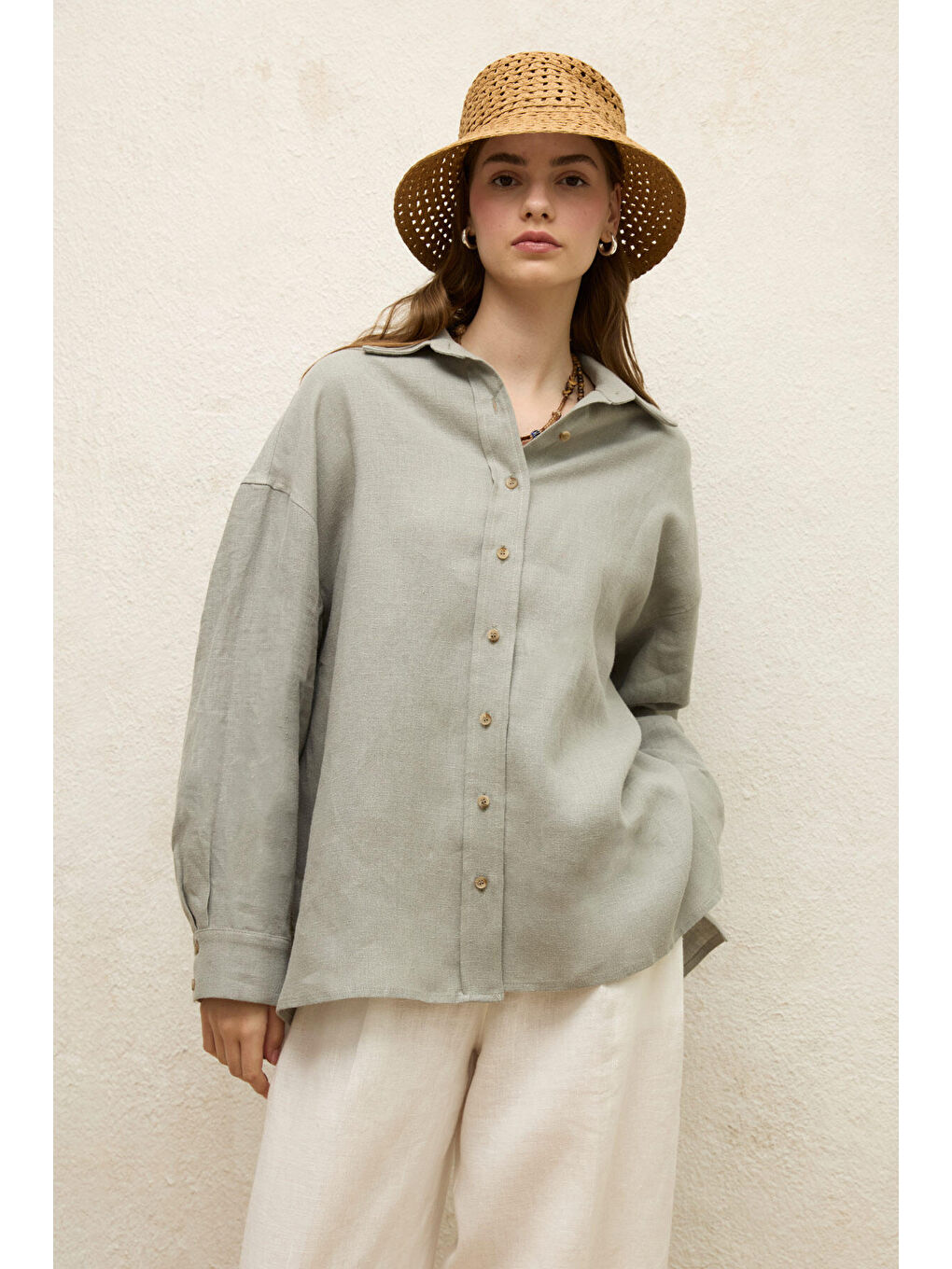 Yeşil Keten Oversize Düğmeli Gömlek-1