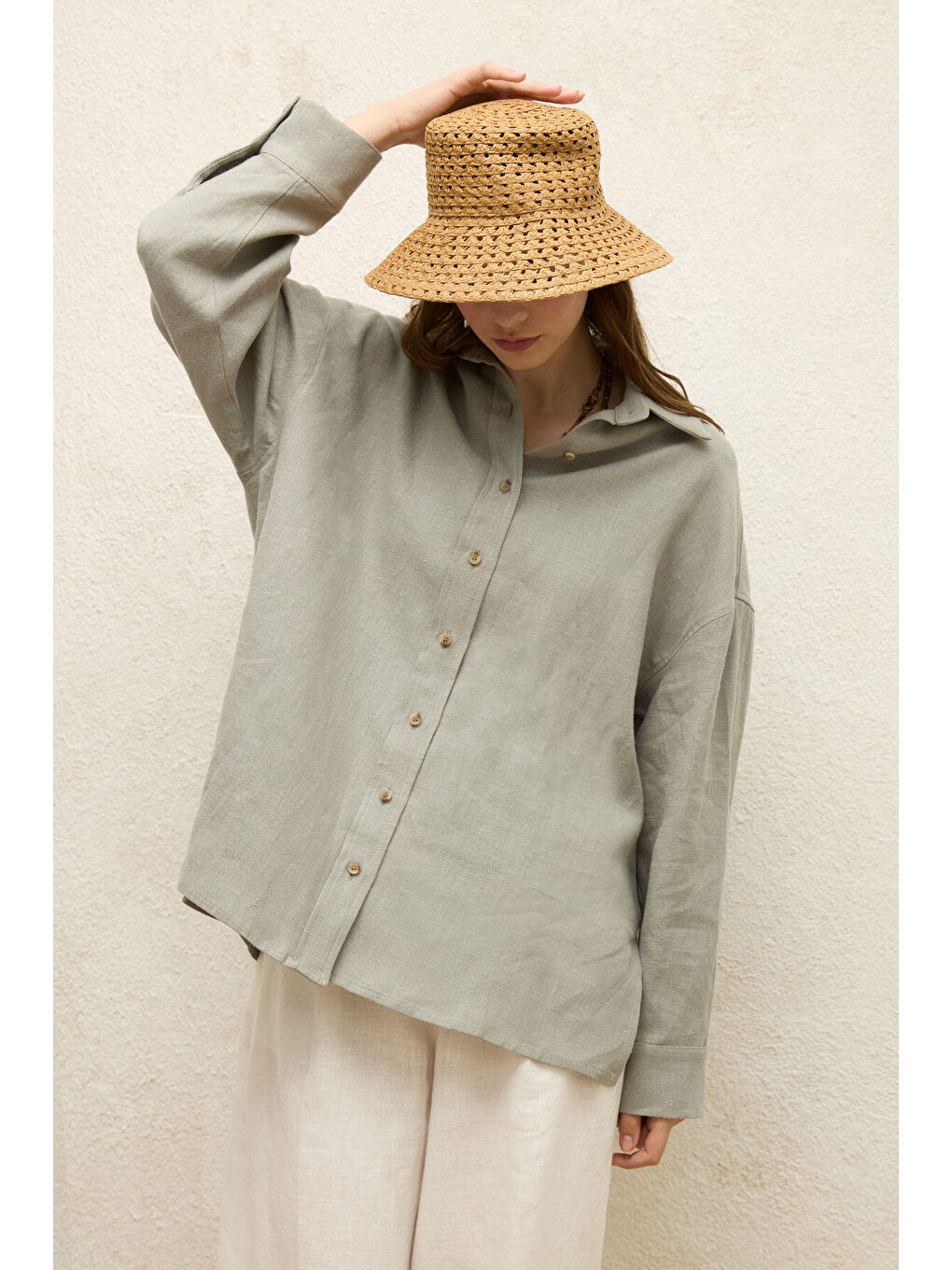 Yeşil Keten Oversize Düğmeli Gömlek-2