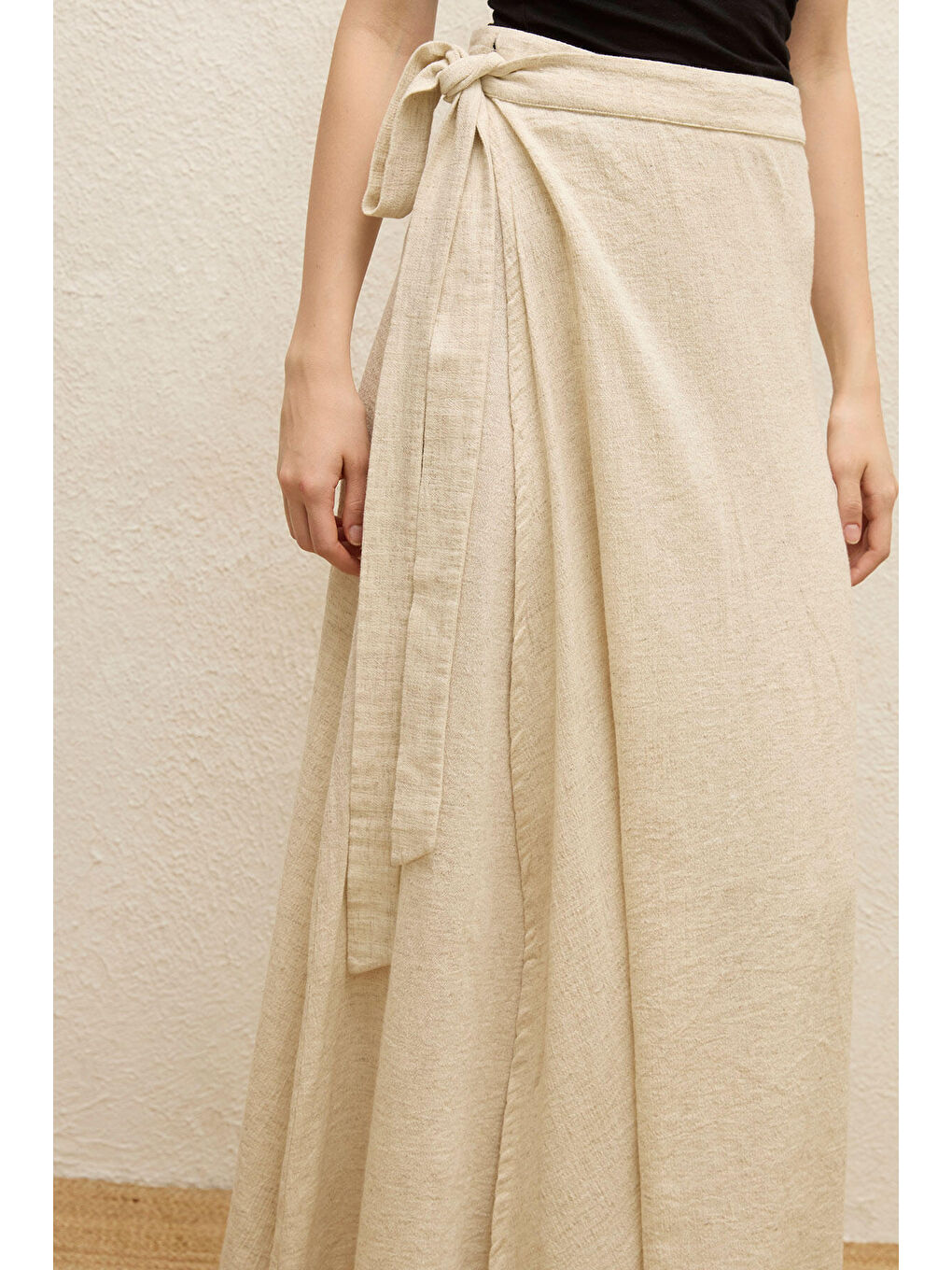 Bej Pamuklu Bağlamalı Kruvaze Etek Natural-6