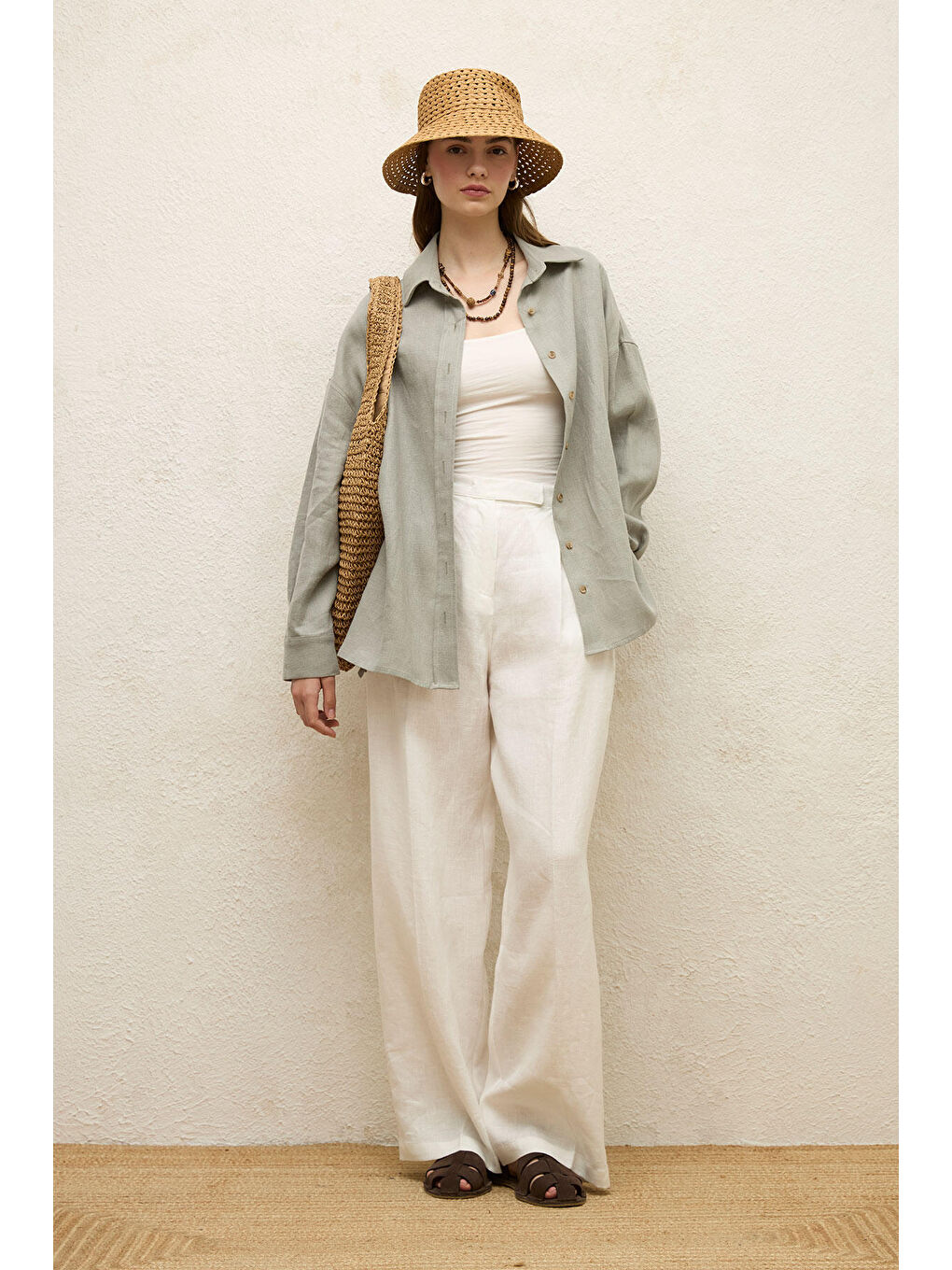 Yeşil Keten Oversize Düğmeli Gömlek-3