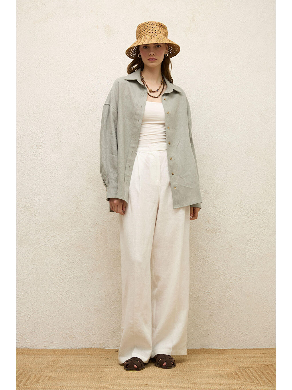 Yeşil Keten Oversize Düğmeli Gömlek-4