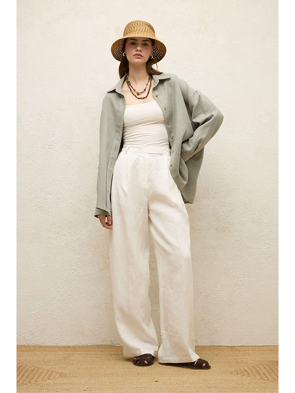 Yeşil Keten Oversize Düğmeli Gömlek-5