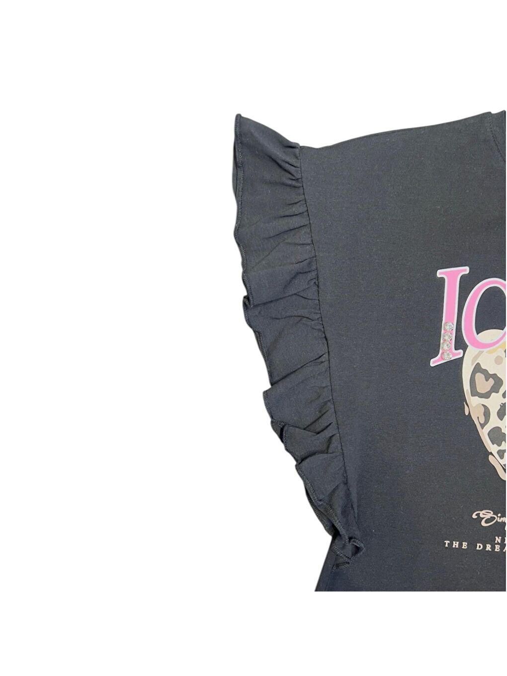 Siyah Kız Çocuk Leopar Kalp Taş Detaylı Tshirt-1