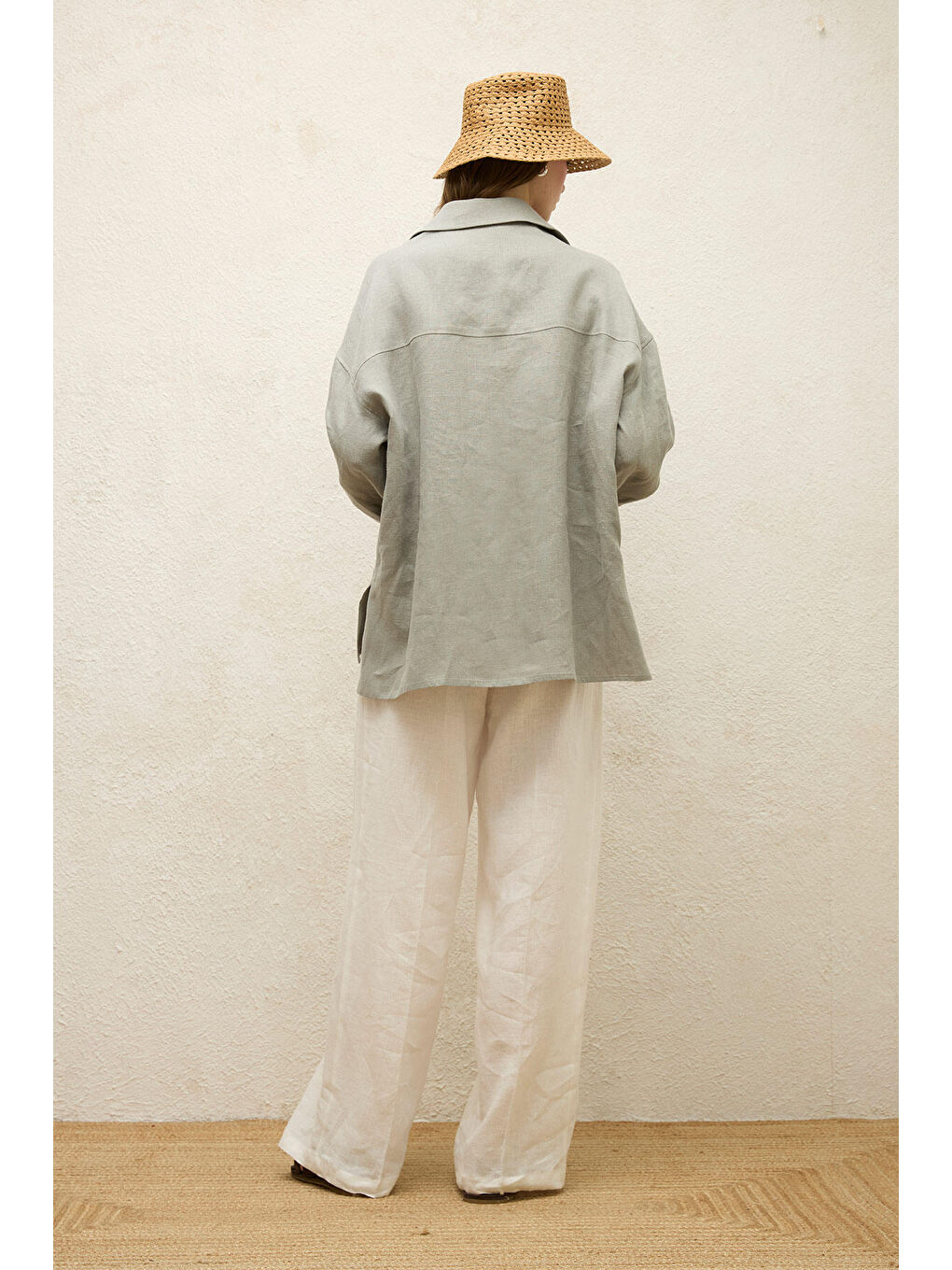 Yeşil Keten Oversize Düğmeli Gömlek-7