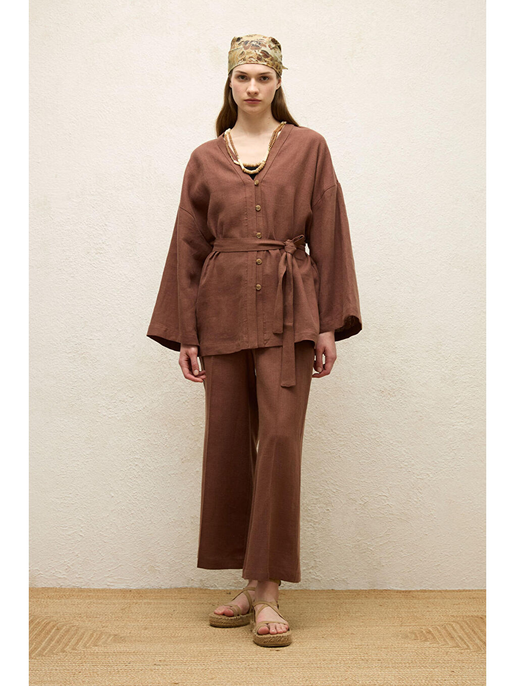 Kahverengi Düğmeli Keten Gömlek Ağaç Kabuğu-1