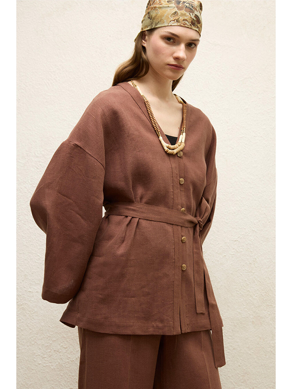 Kahverengi Düğmeli Keten Gömlek Ağaç Kabuğu-2