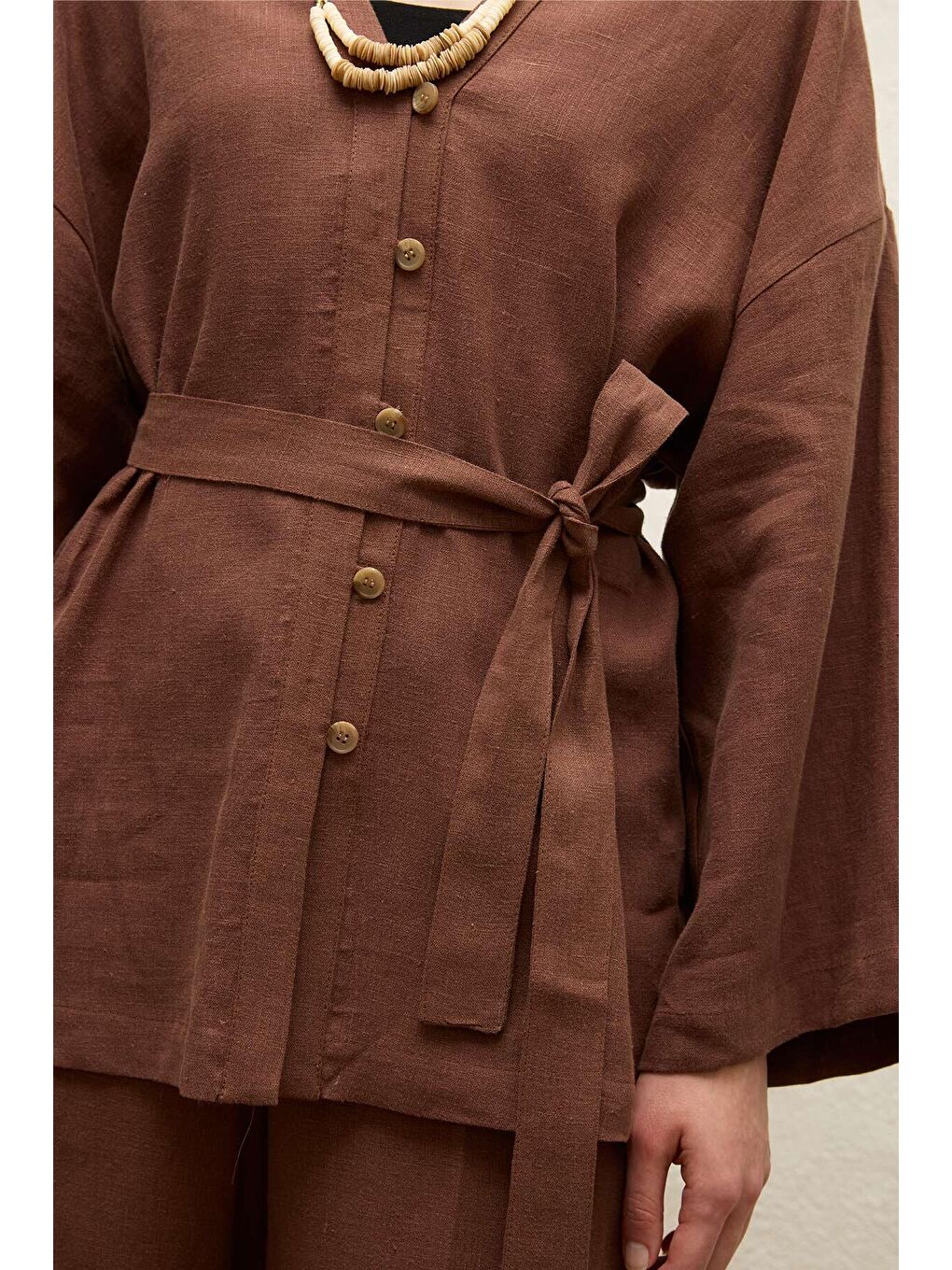 Kahverengi Düğmeli Keten Gömlek Ağaç Kabuğu-3