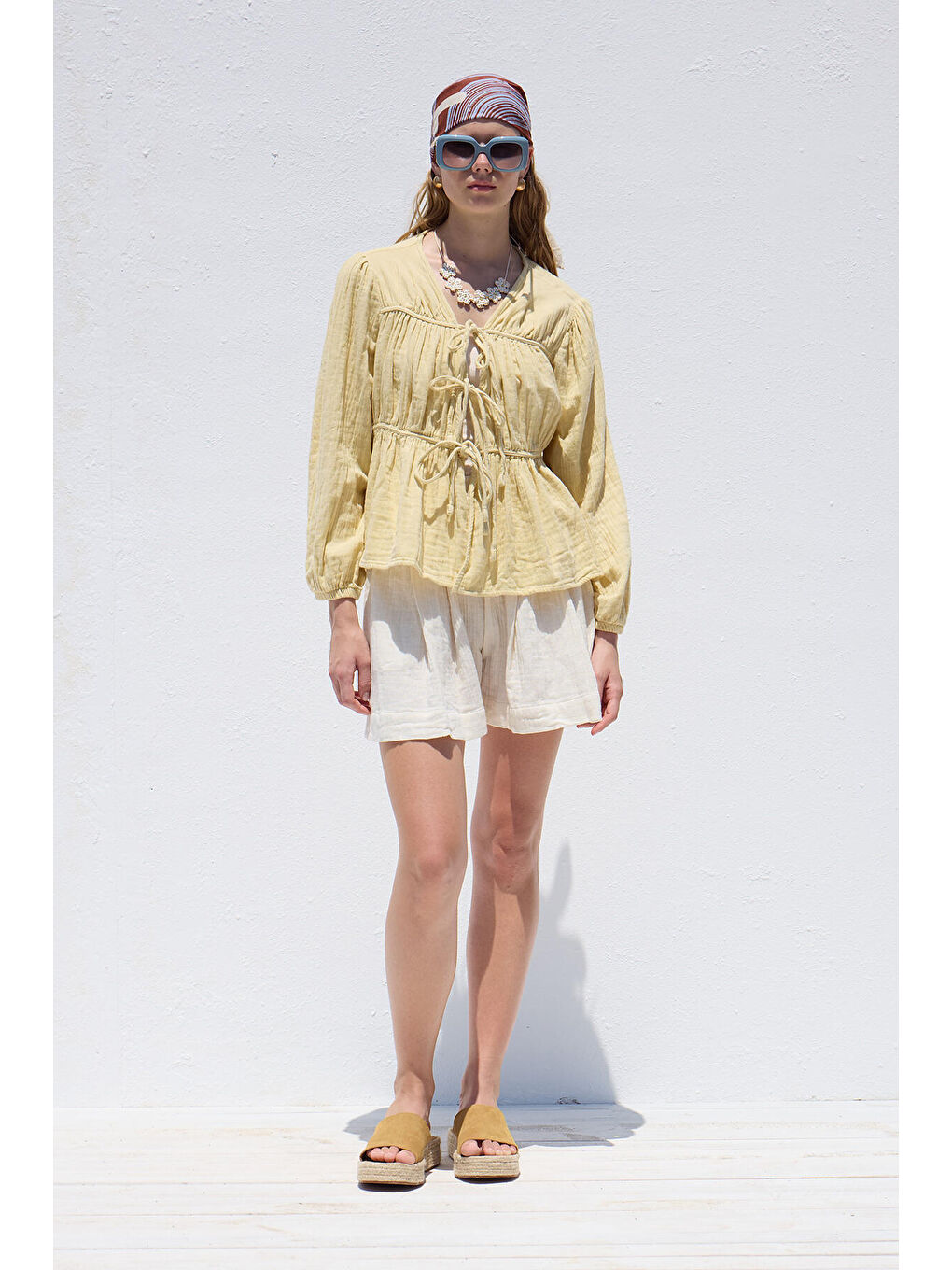 Bağlama Detaylı Müslin Bluz Soft Sarı-1