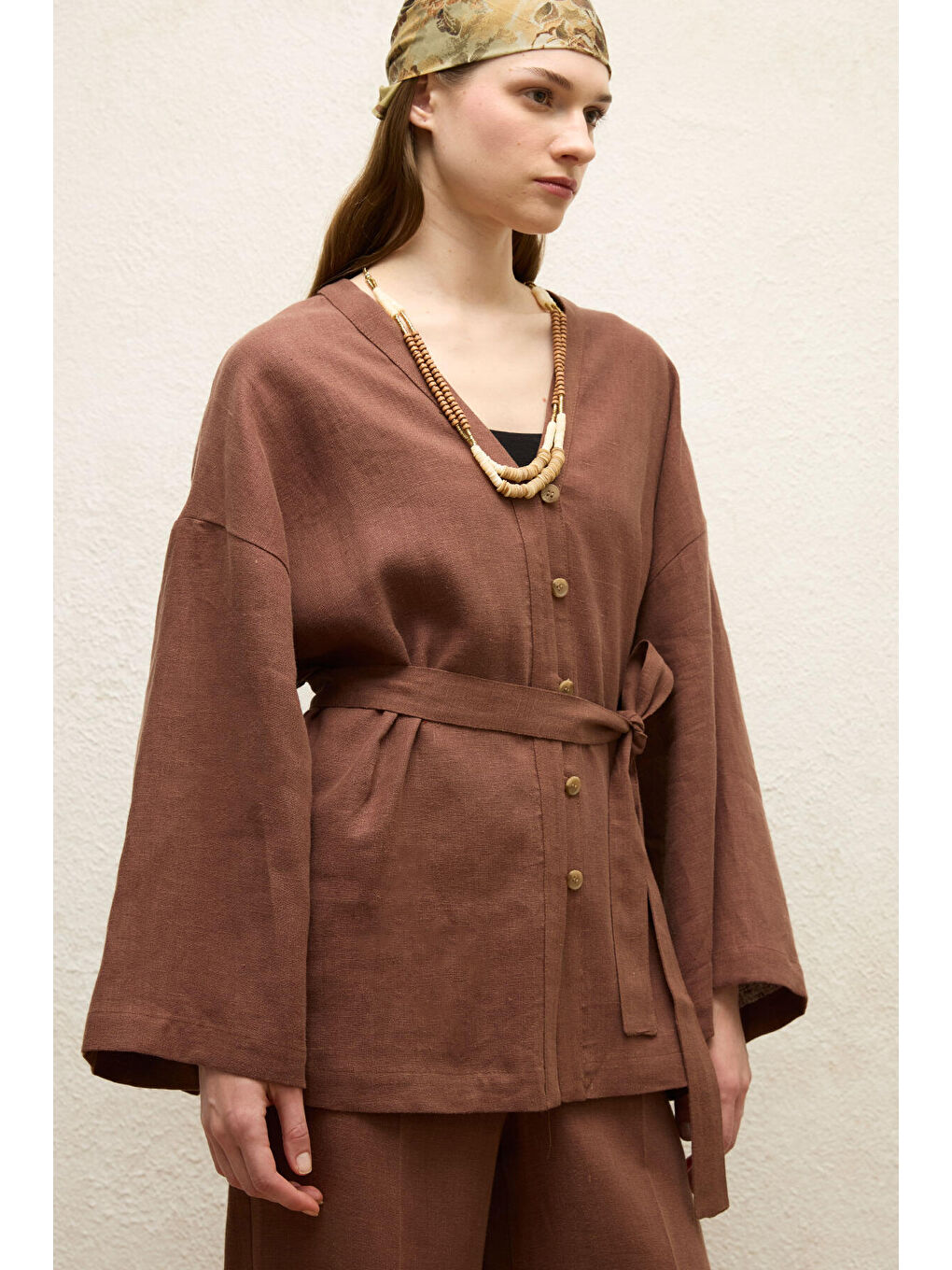 Kahverengi Düğmeli Keten Gömlek Ağaç Kabuğu-5