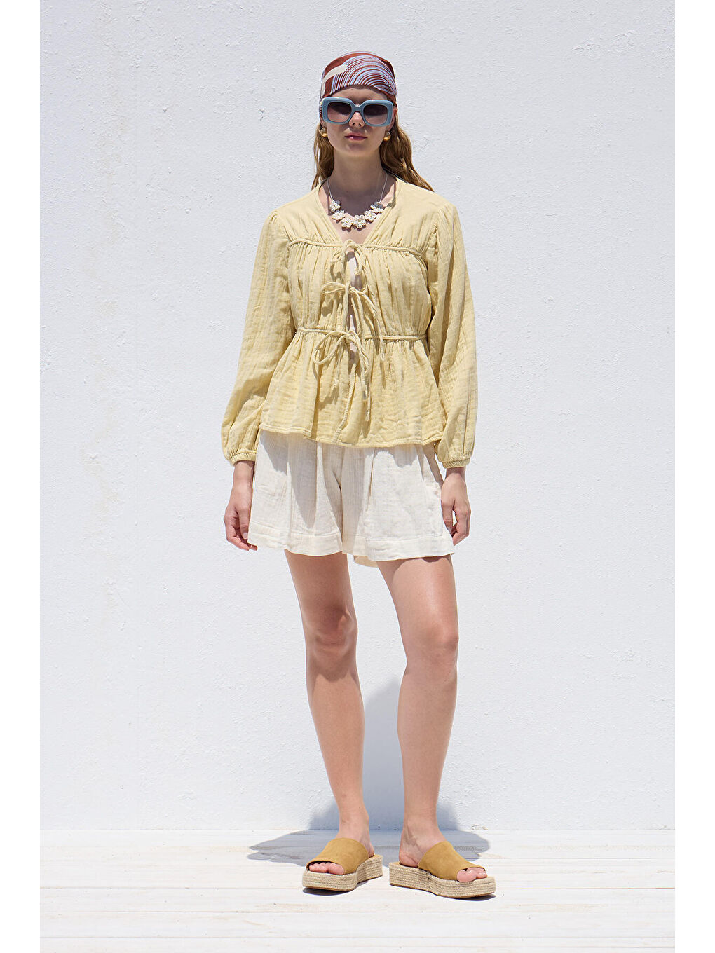 Bağlama Detaylı Müslin Bluz Soft Sarı-3