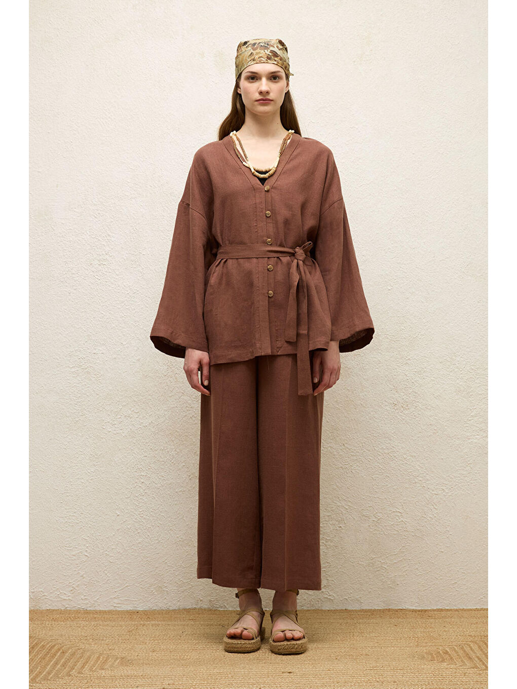 Kahverengi Düğmeli Keten Gömlek Ağaç Kabuğu-6