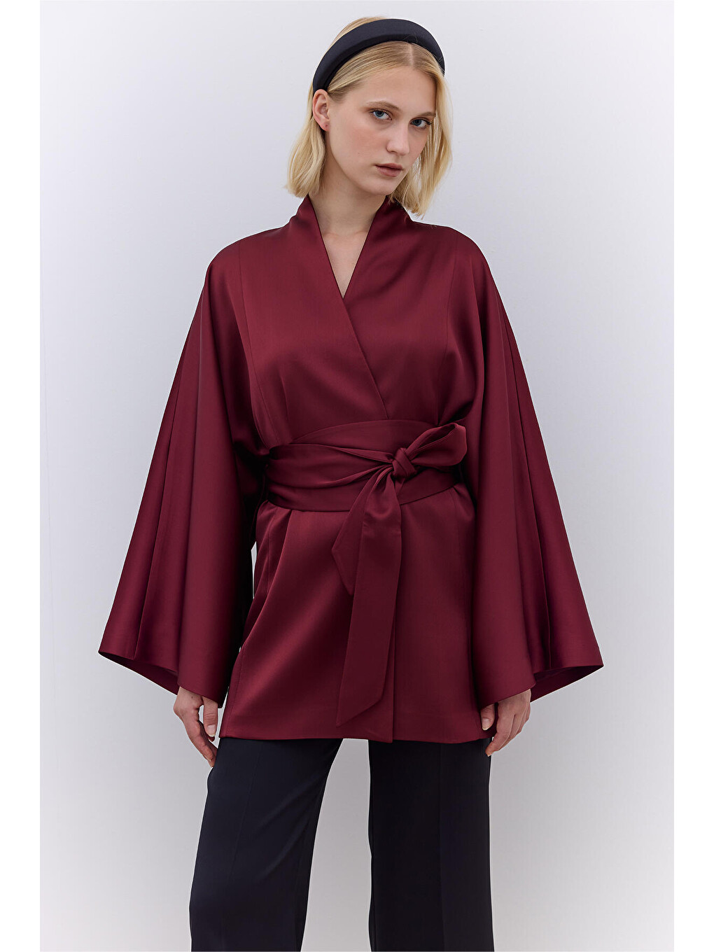 Saten Kemerli Kimono Bordo