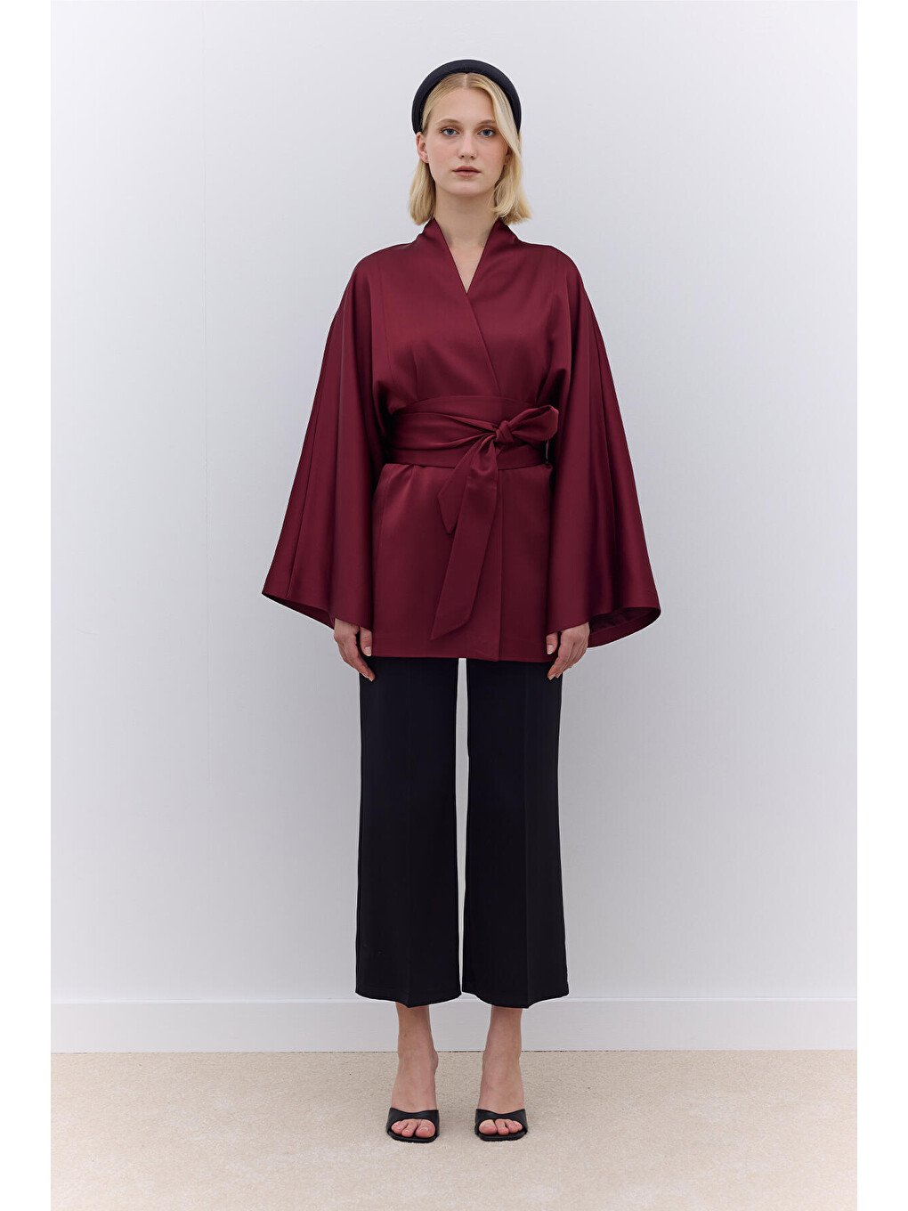 Saten Kemerli Kimono Bordo-1
