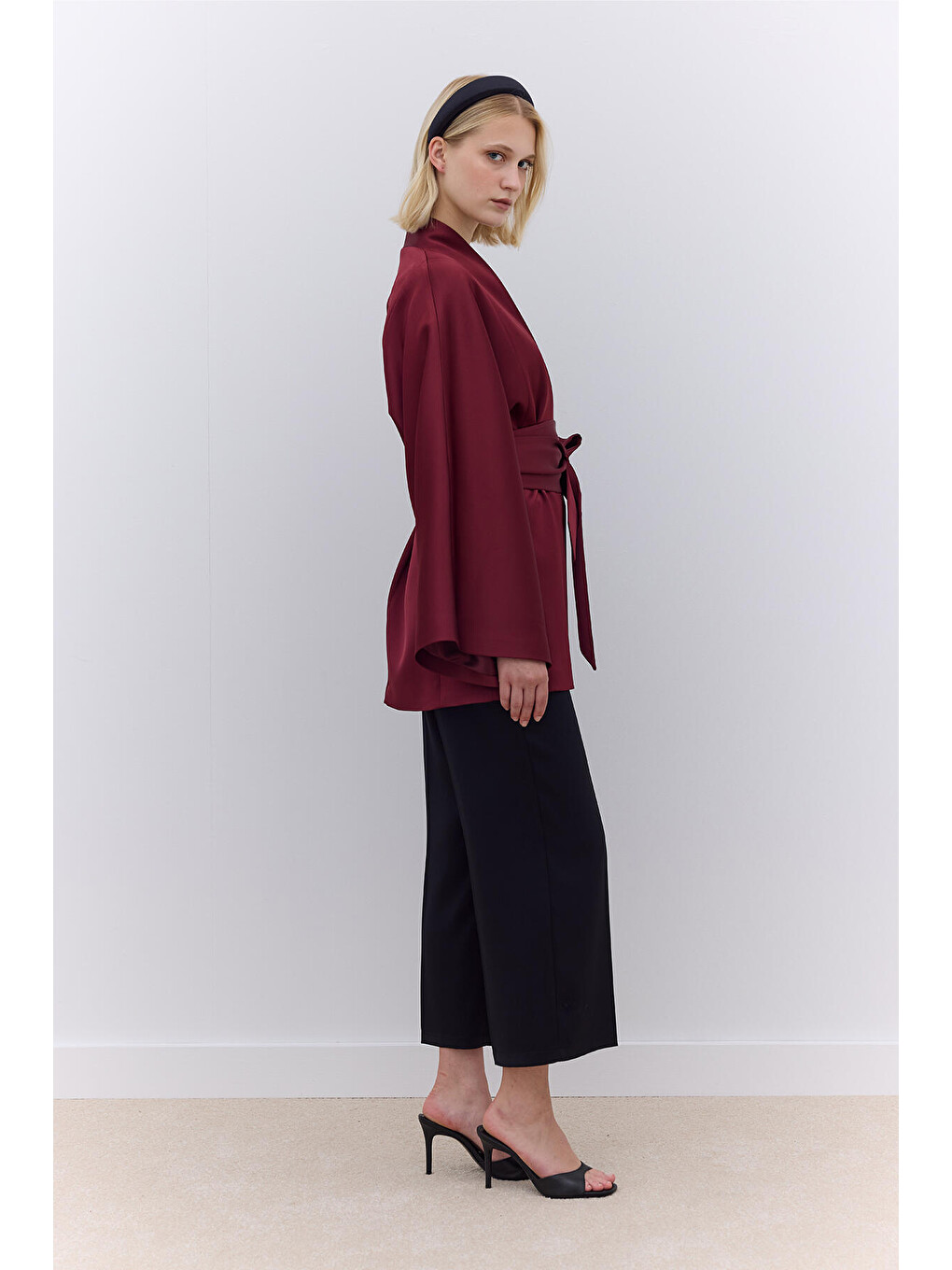 Saten Kemerli Kimono Bordo-2