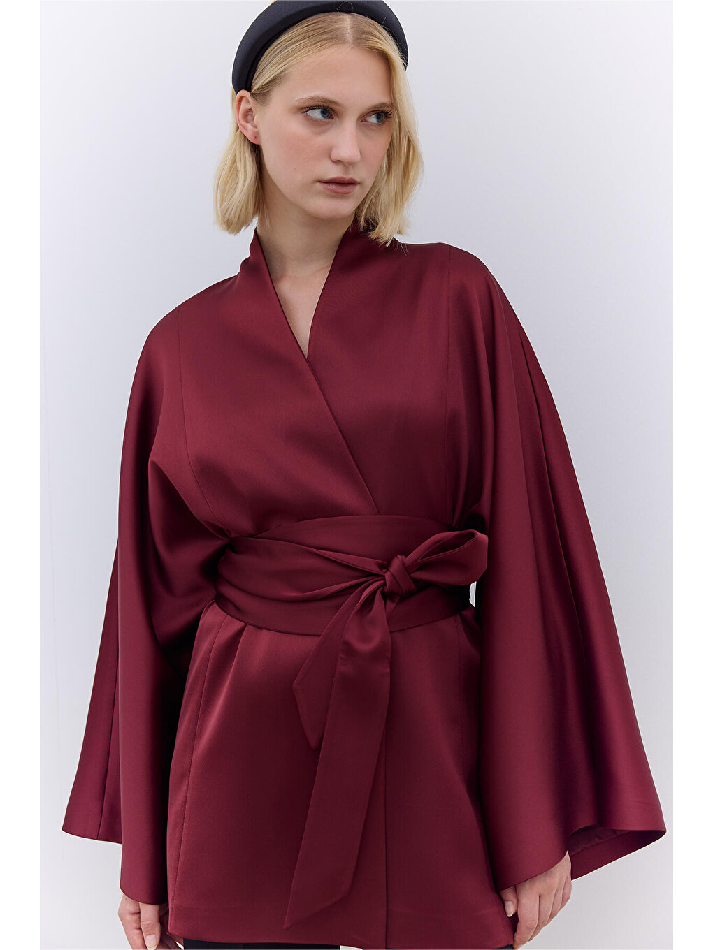Saten Kemerli Kimono Bordo-3