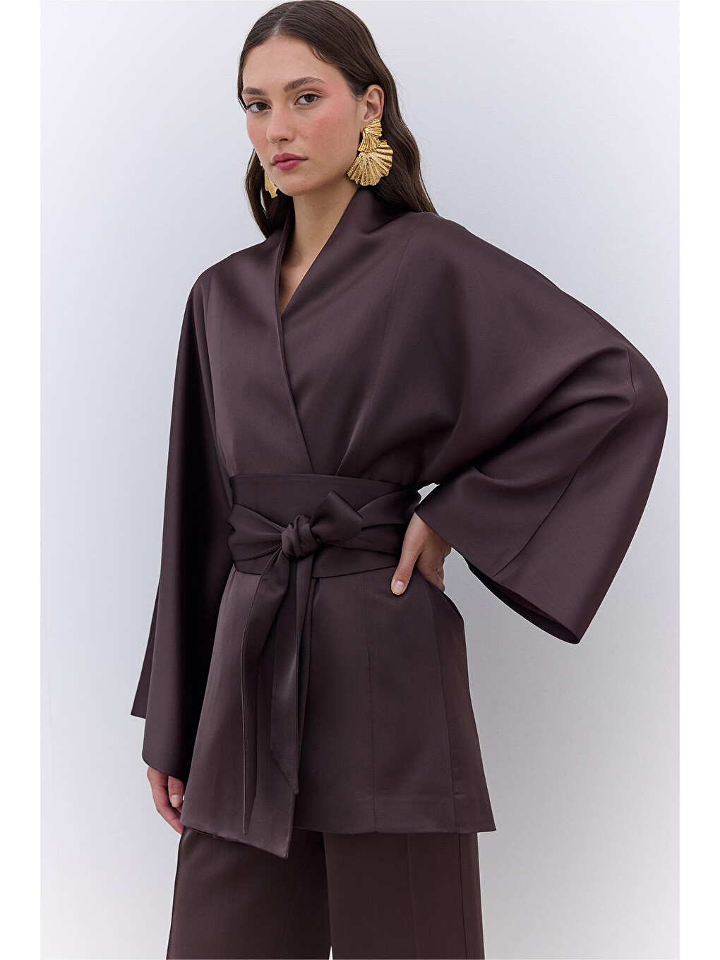 Saten Kemerli Kimono Kahverengi