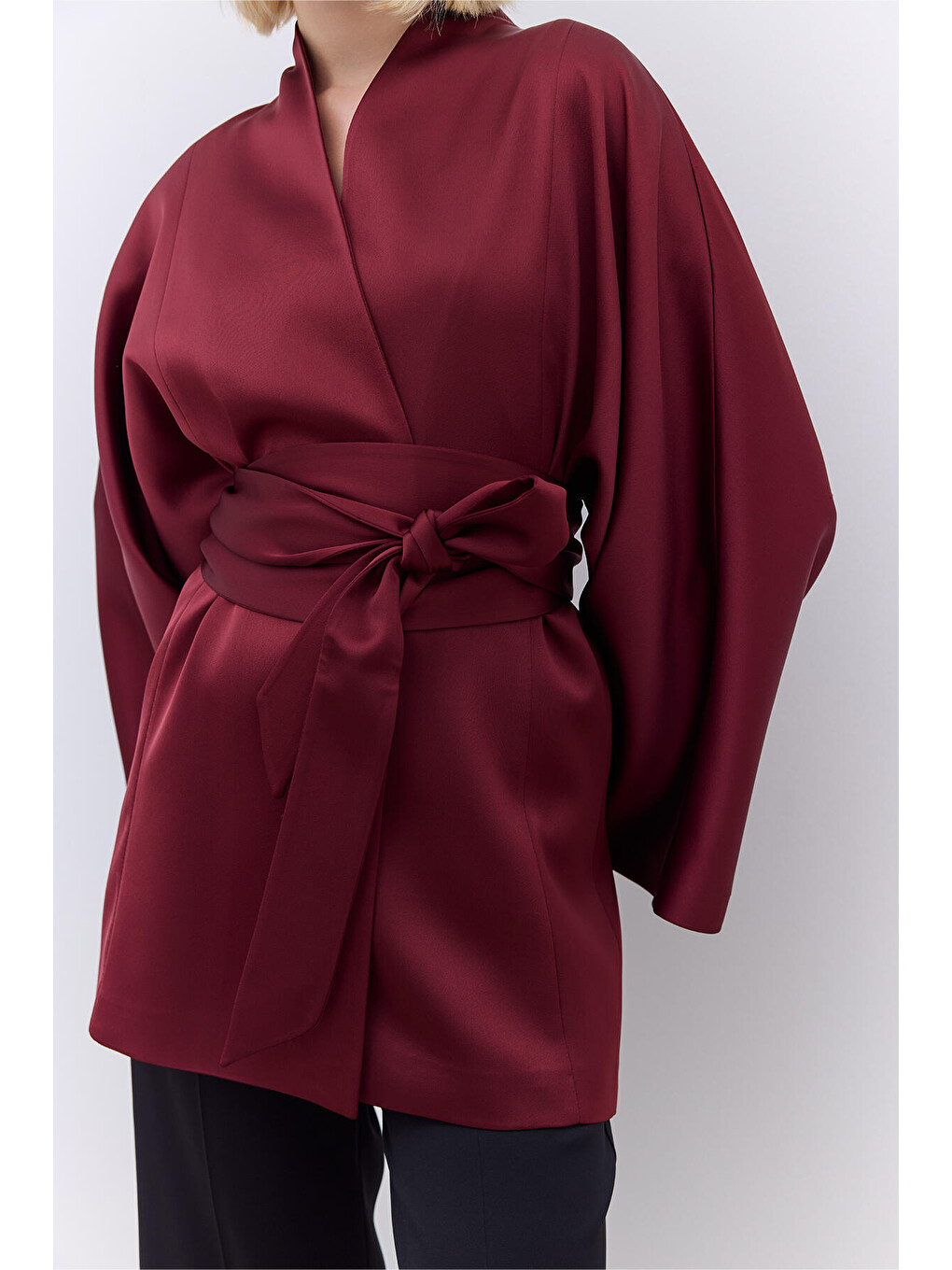 Saten Kemerli Kimono Bordo-4
