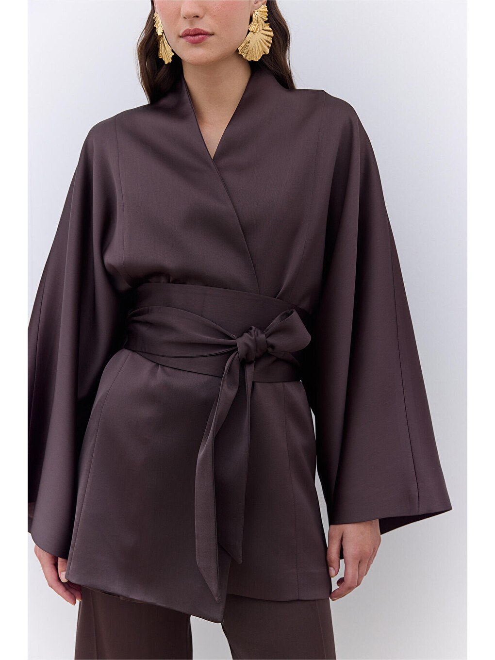 Saten Kemerli Kimono Kahverengi-2