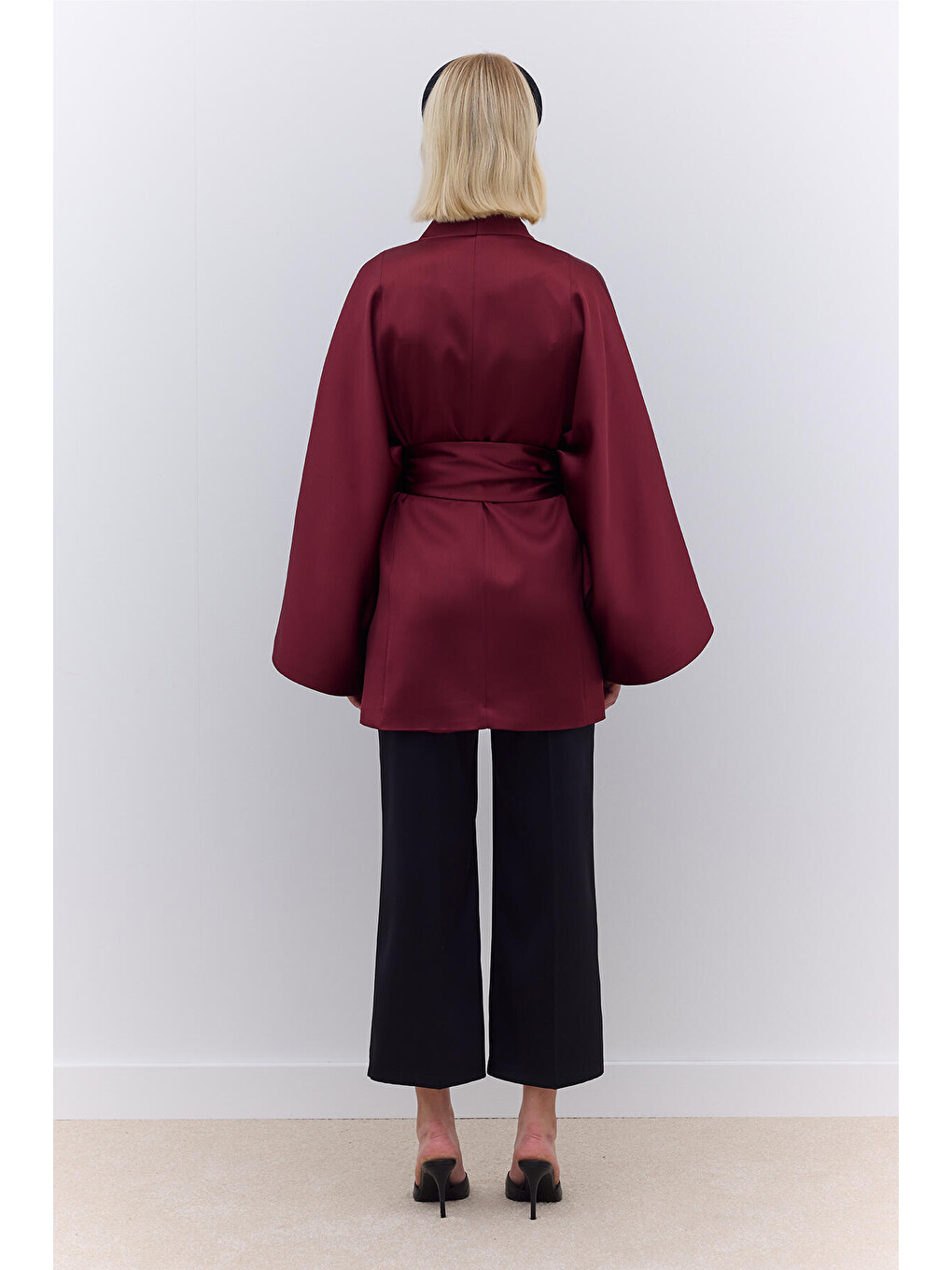 Saten Kemerli Kimono Bordo-5