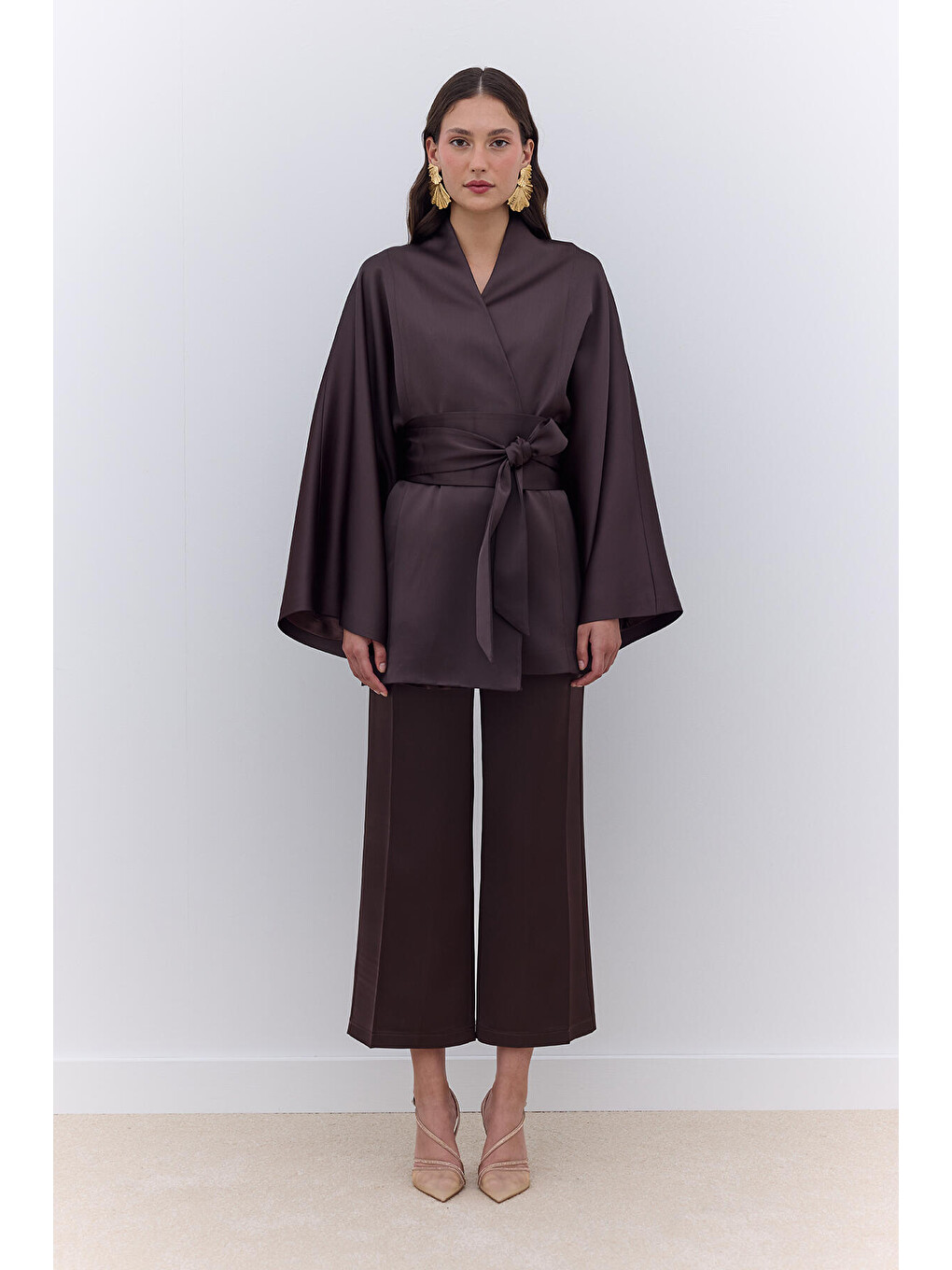 Saten Kemerli Kimono Kahverengi-3