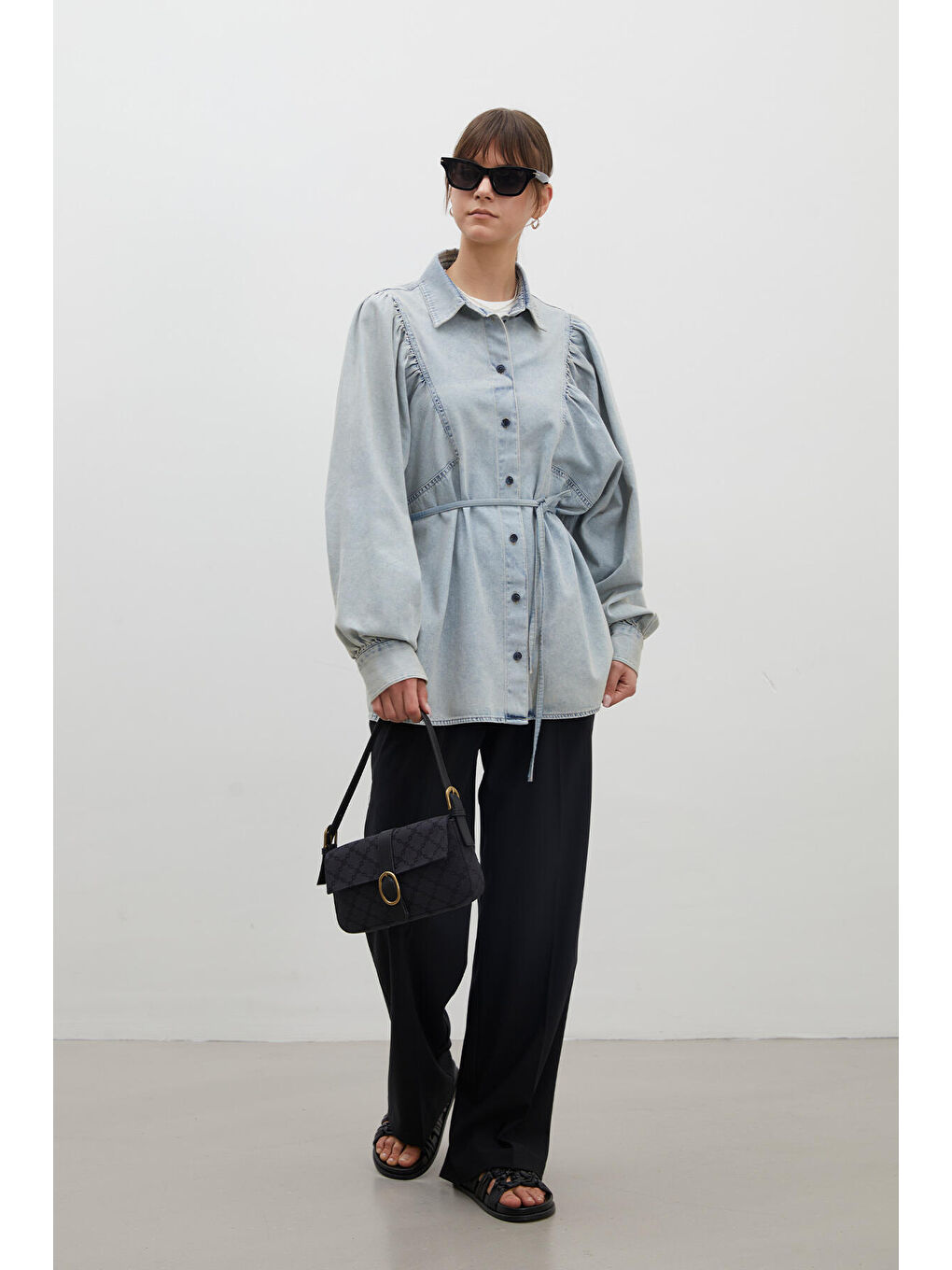 Balon Kol Denim Gömlek Açık Mavi-1