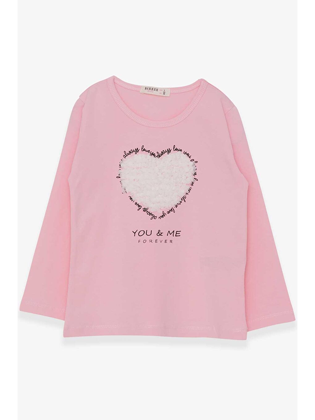 Pembe Kız Çocuk Uzun Kollu Tişört Kalpli Tül Nakışlı Pudra (5 Yaş)