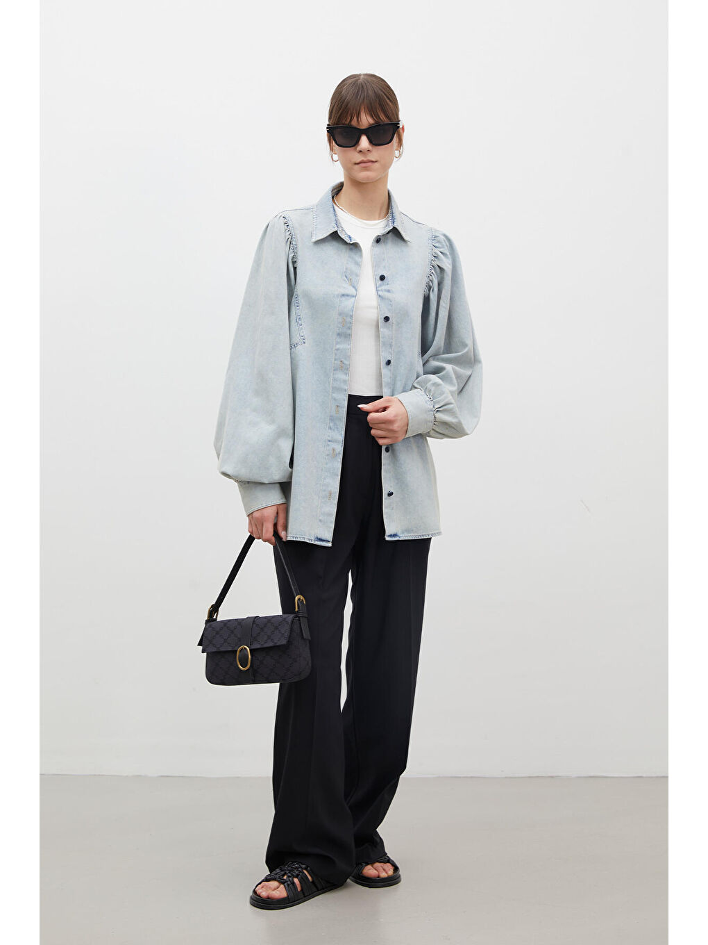 Balon Kol Denim Gömlek Açık Mavi-4