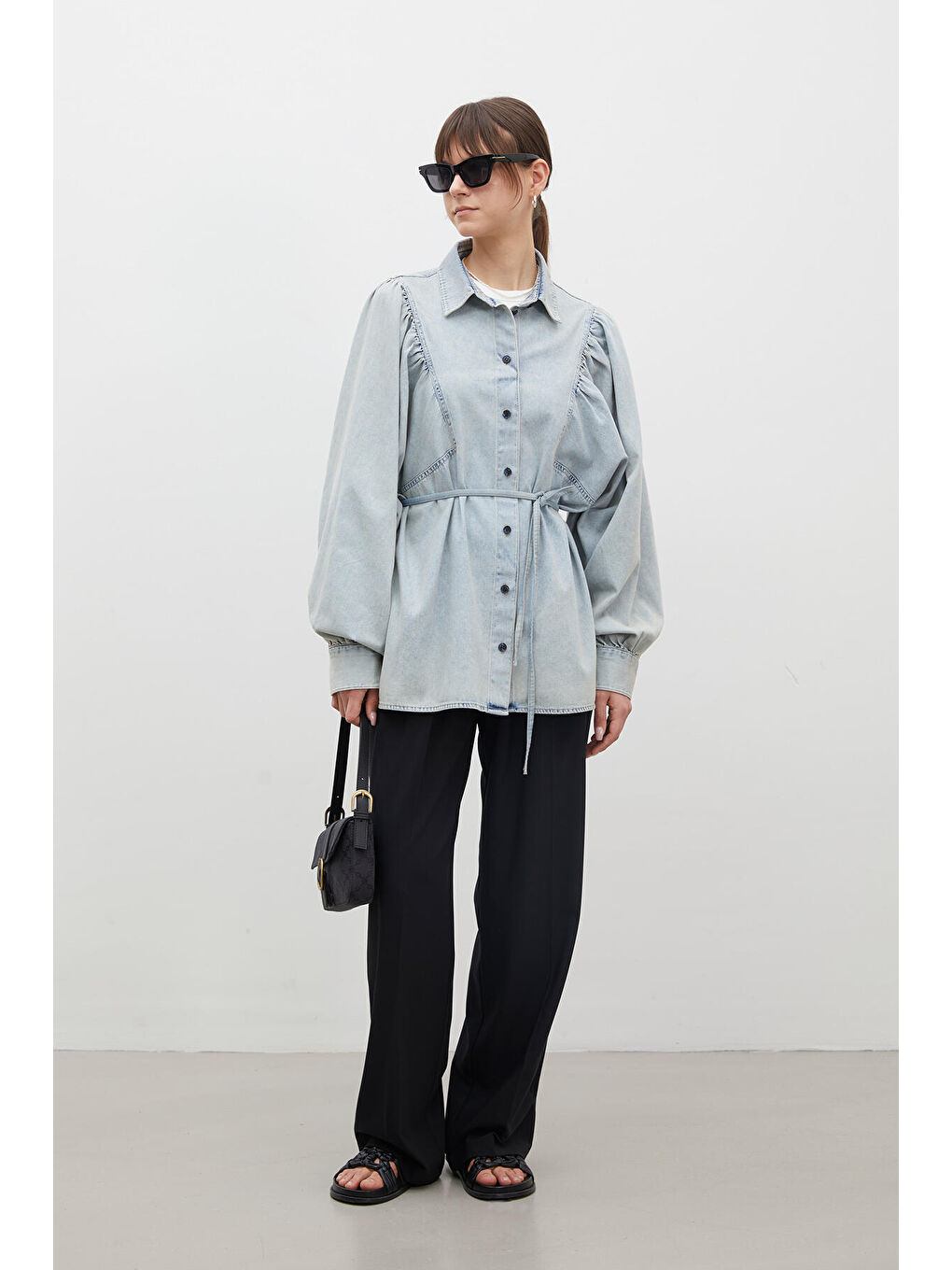 Balon Kol Denim Gömlek Açık Mavi-5