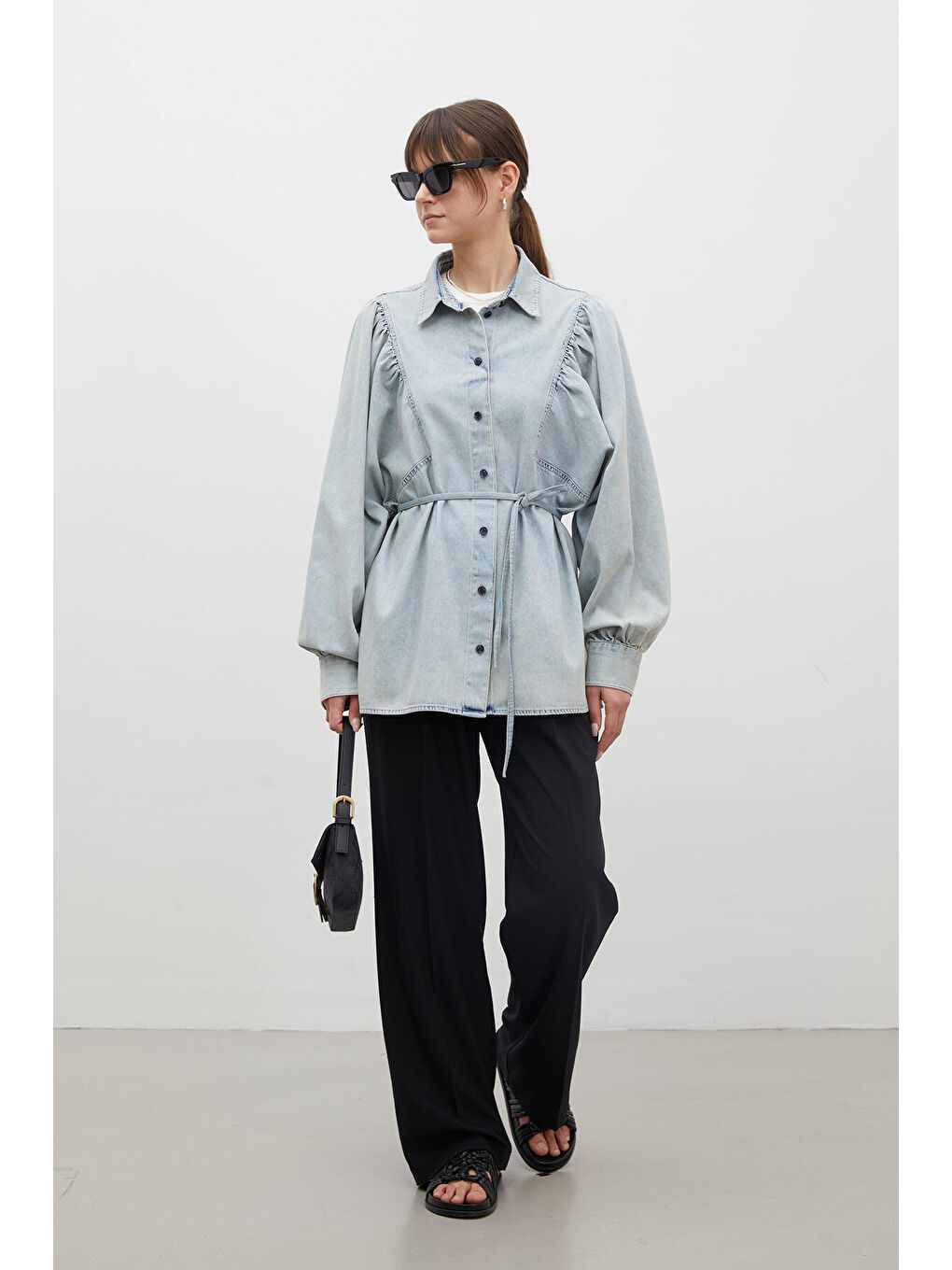 Balon Kol Denim Gömlek Açık Mavi-6