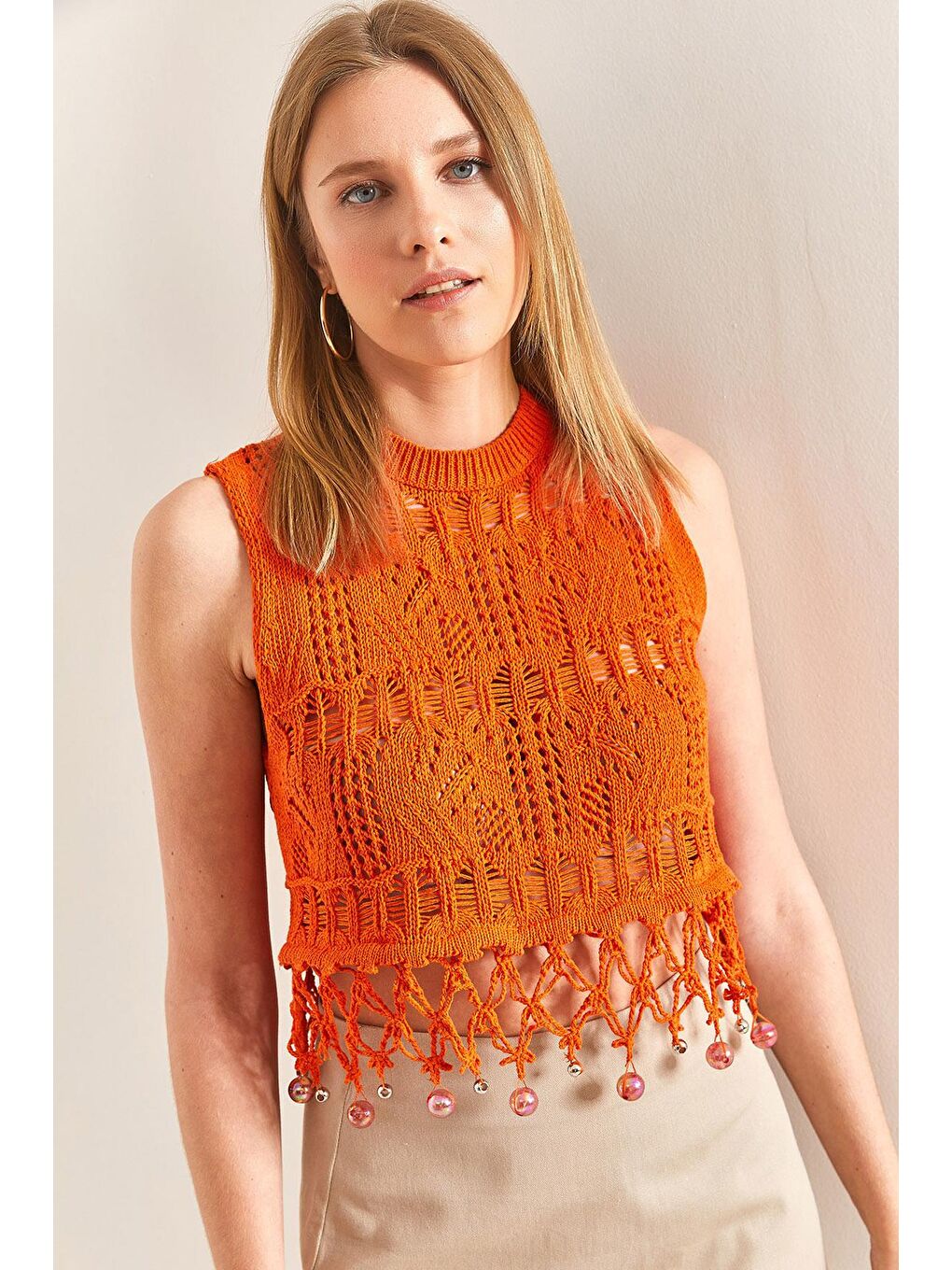 Ajurlu Saçakları Taş İşlemeli Desenli Triko Bluz - Turuncu