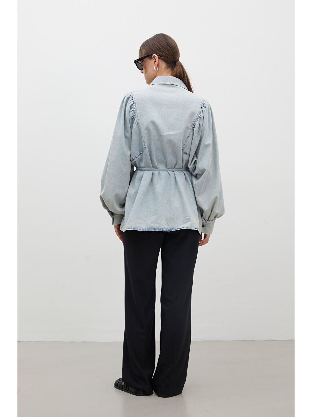 Balon Kol Denim Gömlek Açık Mavi-7