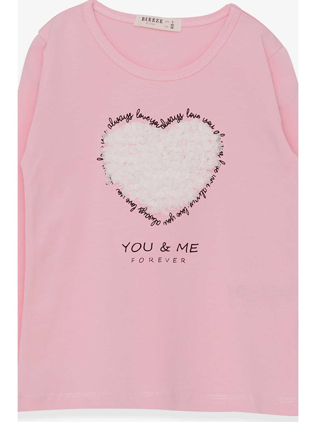Pembe Kız Çocuk Uzun Kollu Tişört Kalpli Tül Nakışlı Pudra (5 Yaş)-2