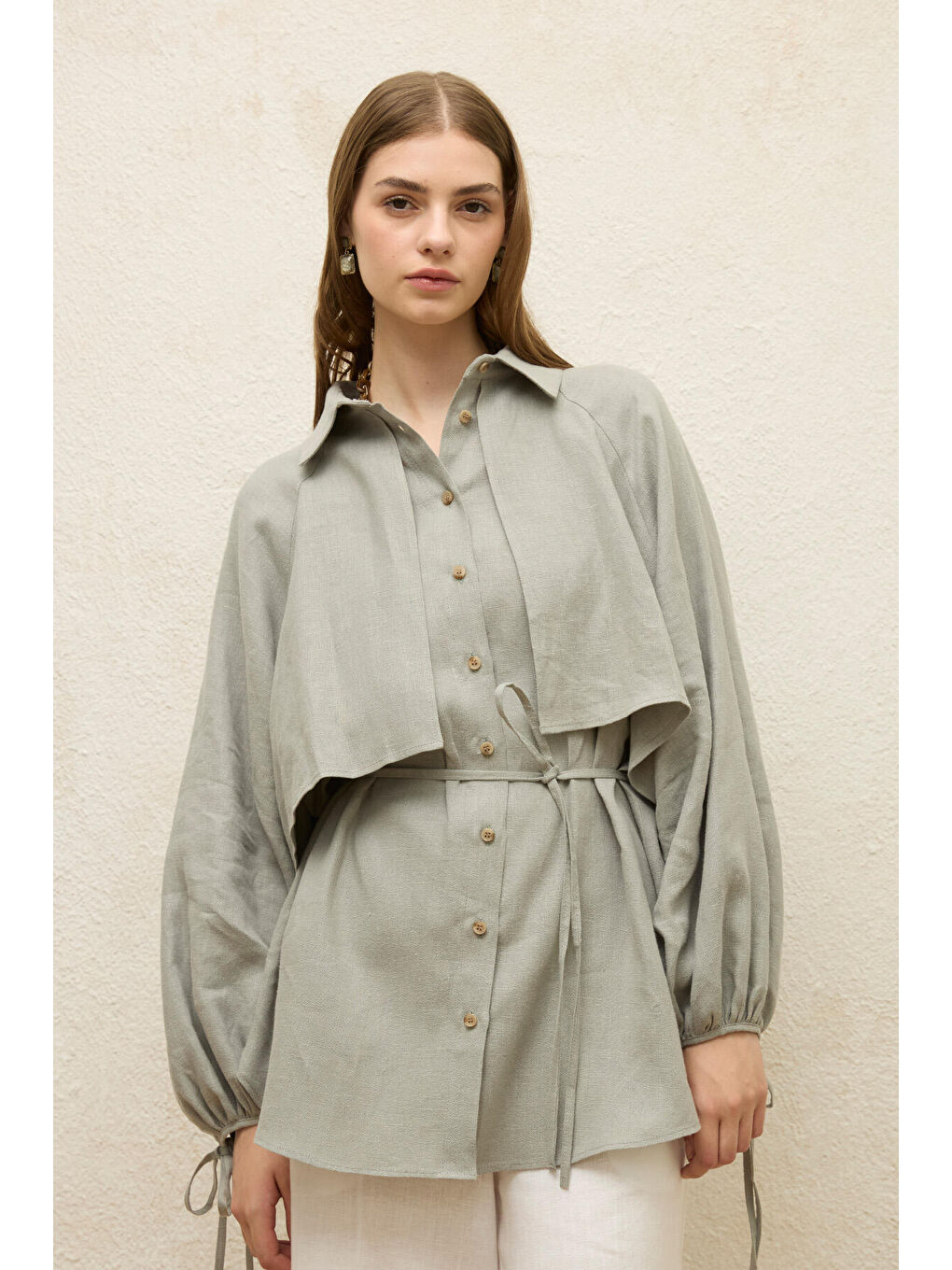 Yeşil Keten Trenç Gömlek