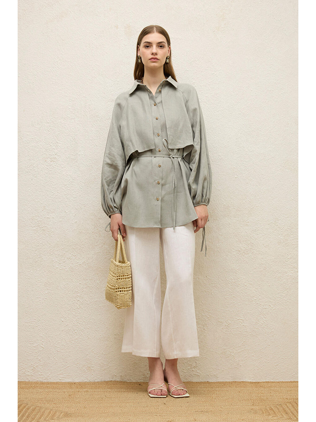 Yeşil Keten Trenç Gömlek-1